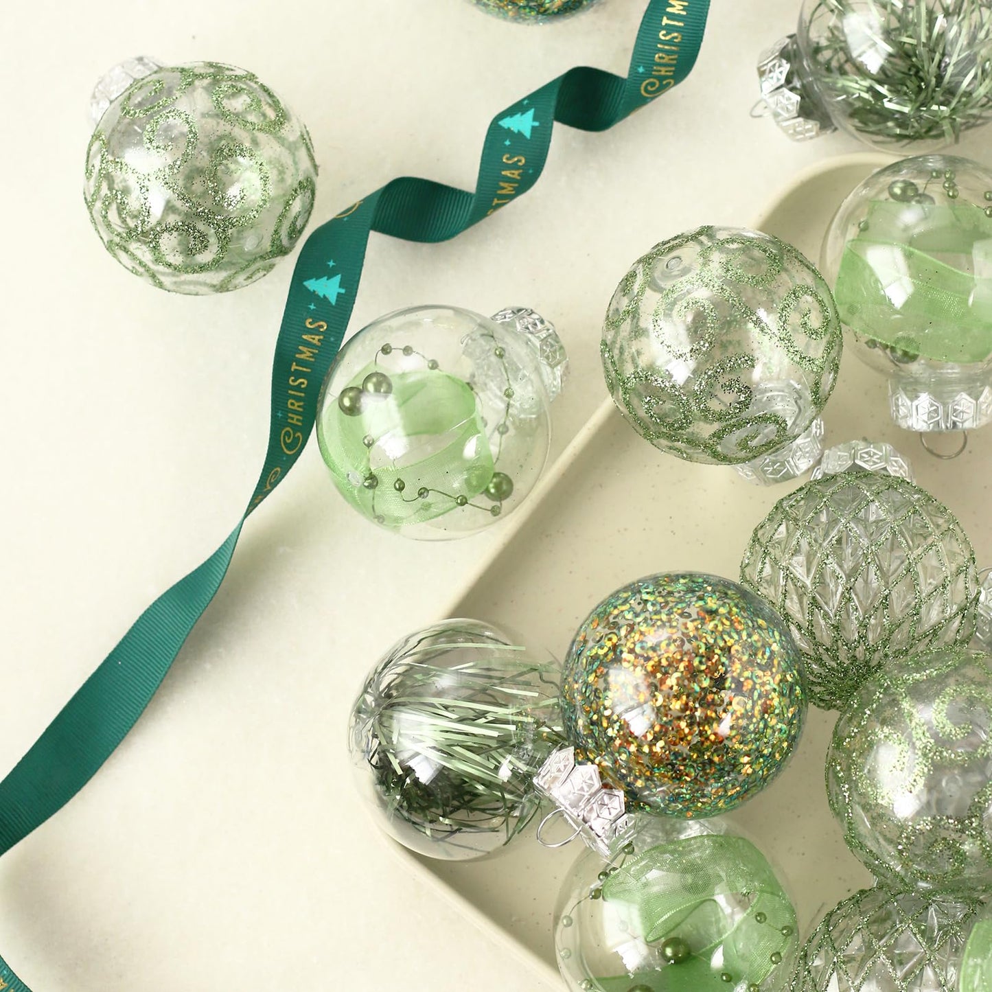 60MM/2.36" Clear Christmas Ornaments Set, 25PCS Shatterproof Decorative Hanging Ball Ornament with Stuffed Delicate Decorations, Xmas Tree Balls for Holiday Party - Green.