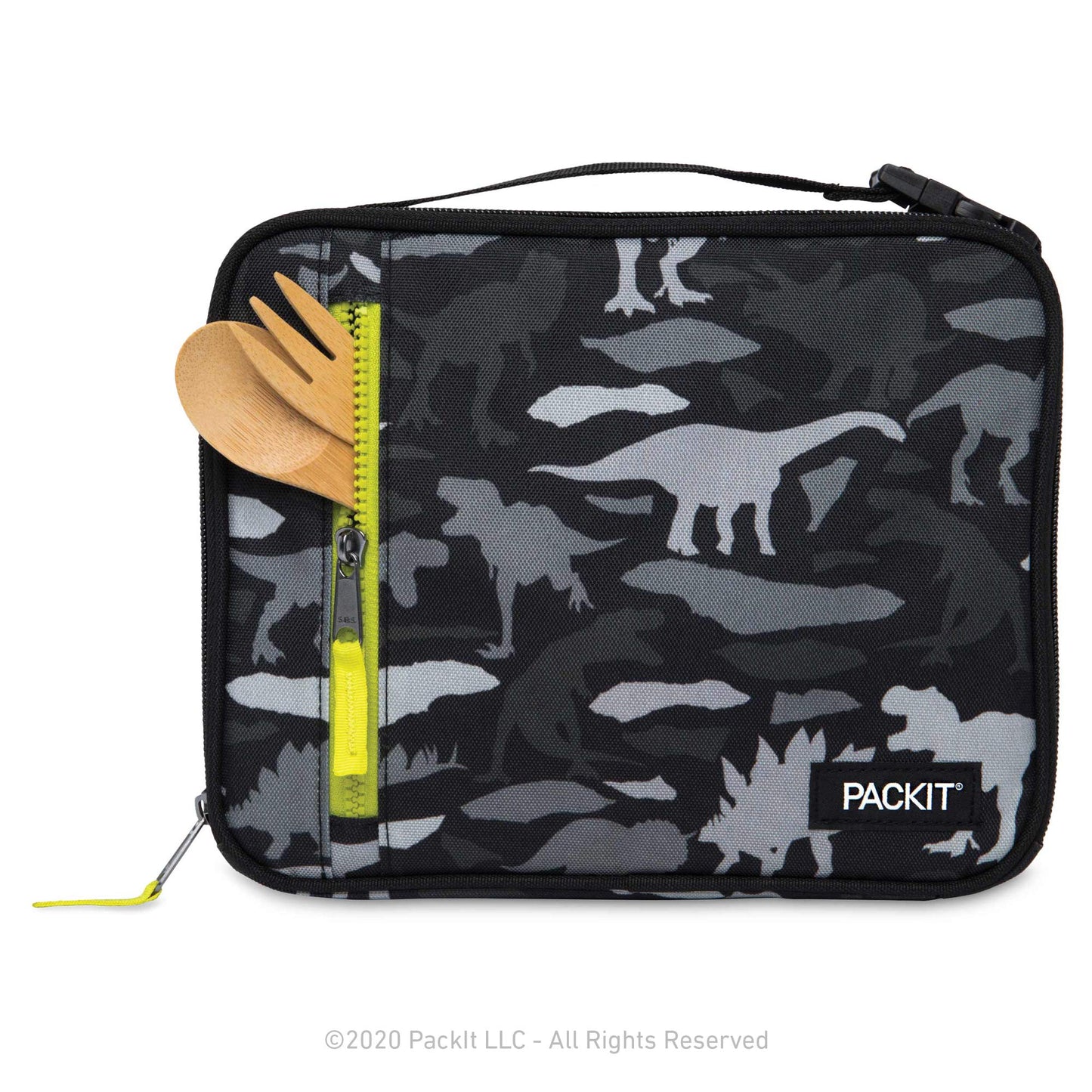 PackIt Freezable Classic Lunch Box, Dino Camo Charcoal, Built with EcoFreeze Technology, Collapsible, Reusable, Zip Closure With Zip Front Pocket and Buckle Handle, Designed for Lunches