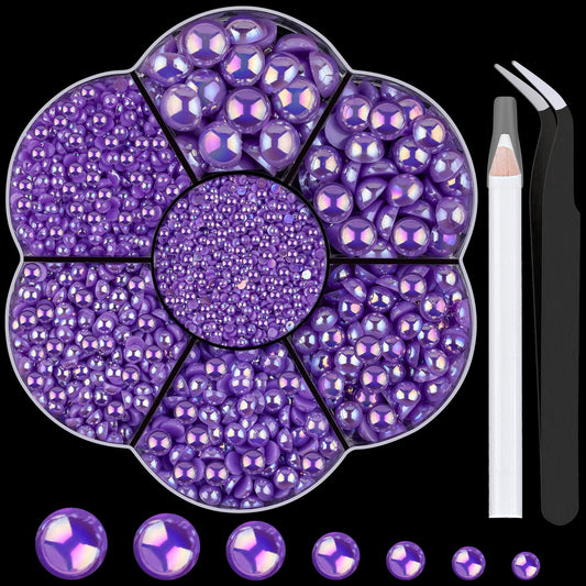 Nail Art Flat Back Half Round Pearl Kits 35, 1 Box of 6000 Pcs Flat-Back Violet AB with Tweezer and Picker Pencil for Home DIY Nails Body Face Craft and Salon Use