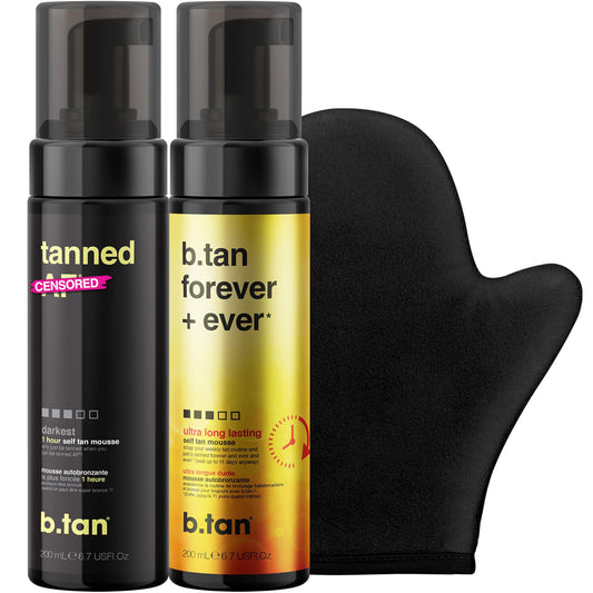 b.tan Dark & Long Lasting Self Tan Kit | Besties Bundle - Dark Self Tan Mousses with Self Tanning Mitt Applicator, 1 Hour Sunless Tanner, Fast Self Tan, No Fake Tan Smell, Vegan & Cruelty Free