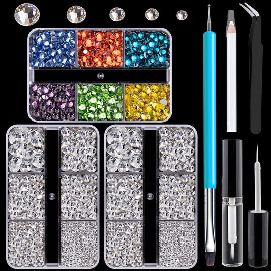 Colorful Face Gems for Makeup Set, Clear Glass Gems+Mixed-Colored Crystals with Picker Pencil, Makeup Glue, Dual-End Dotting Tool, Tweezer for Eye Body Hair Make-up and Nail Art Deco