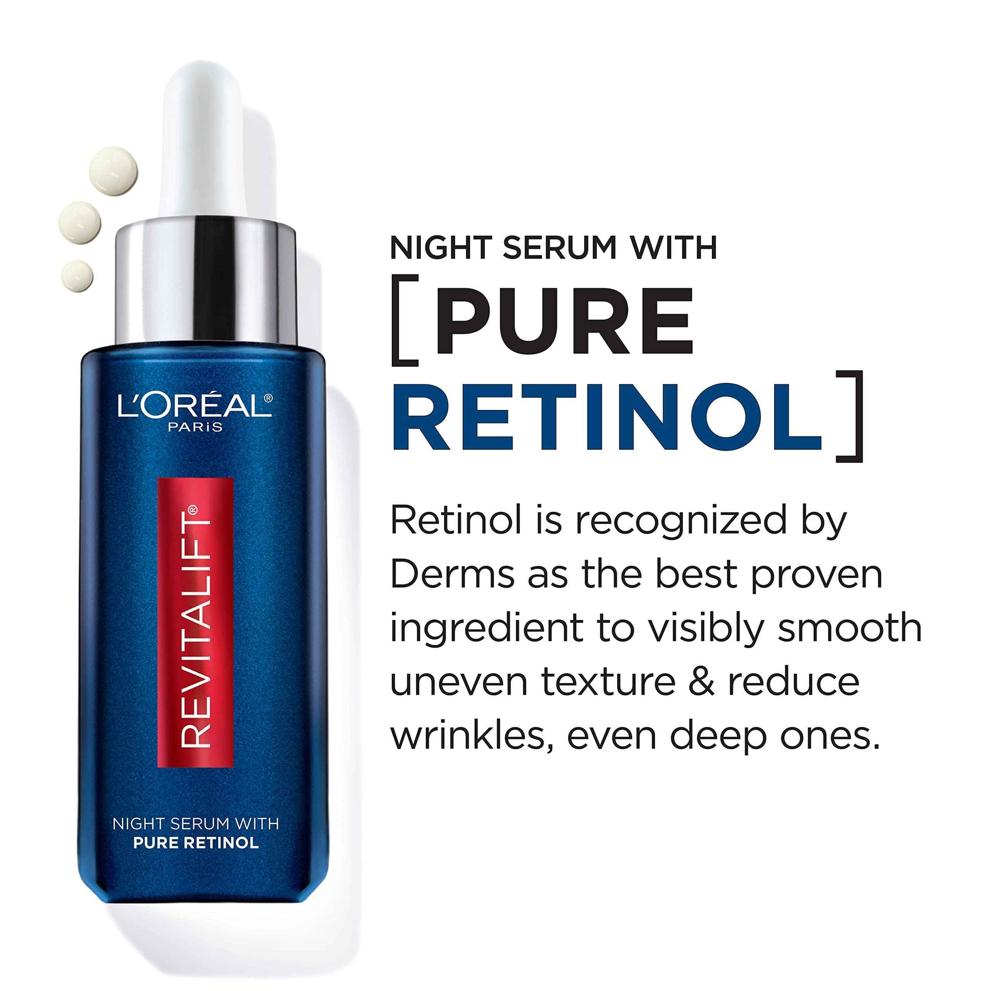 L'Oreal Paris Revitalift 0.3% Pure Retinol Night Serum, Reduce Deep Wrinkles, Fragrance Free 1 oz + Moisturizer Sample