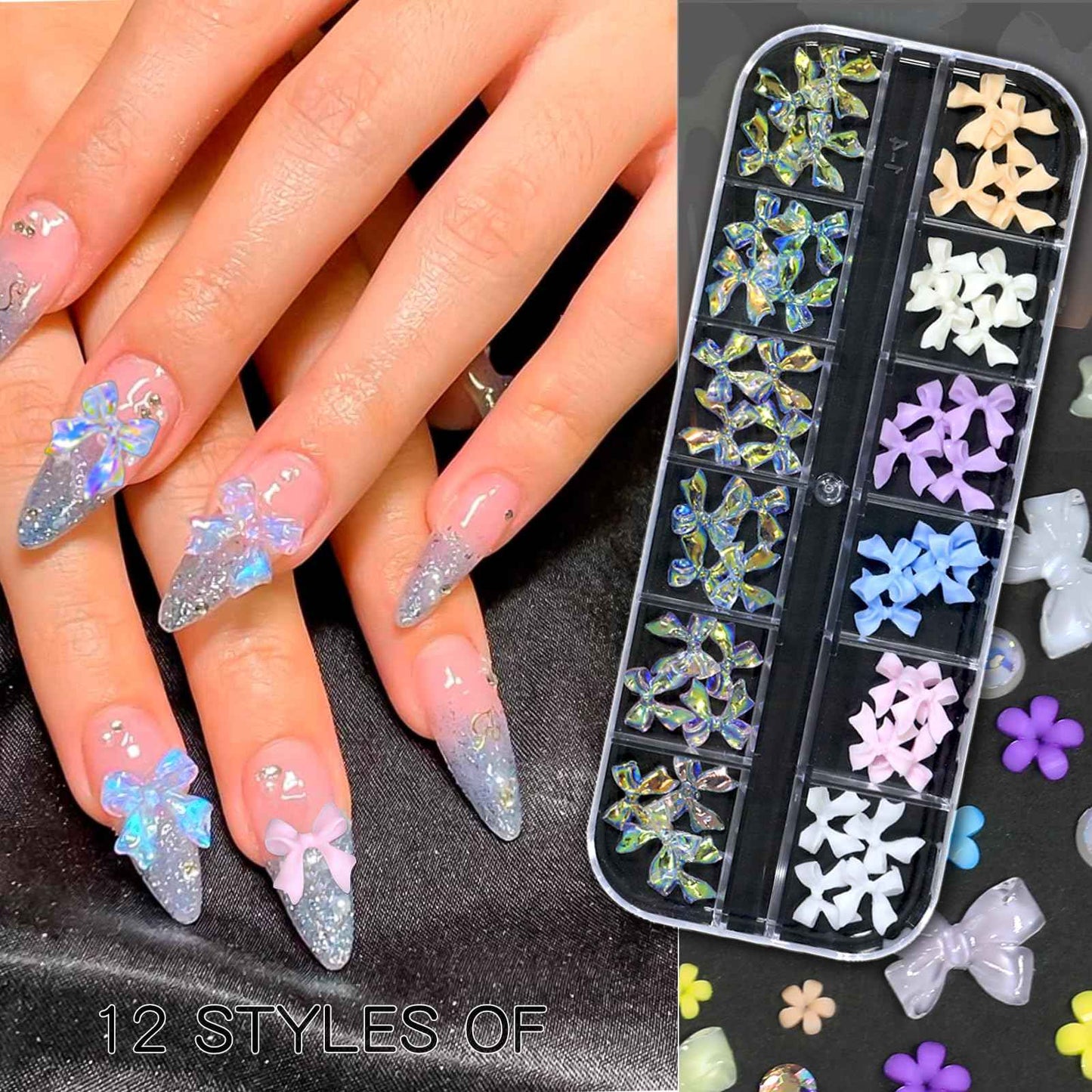 HNUIX Nail Charms - Nail Rhinestones Kit with 6 Boxes of Nail Gems, 3D Charms for Nails, Colorful Clear Flatback Gems, Pearls,Butterfly, Bow, Flowers, Caviar Beads, Multi Shape Crystals for Craft