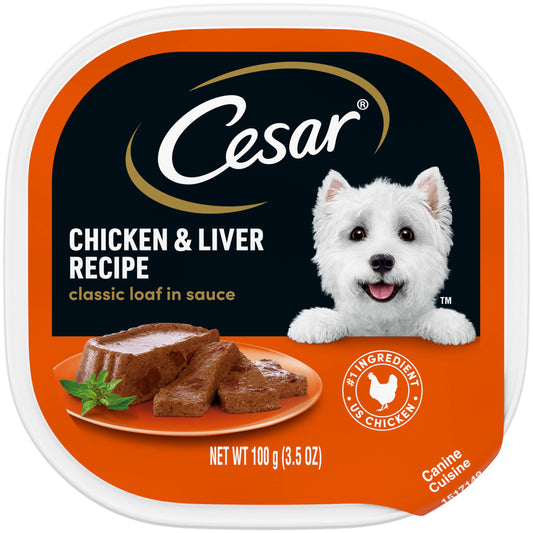 CESAR Wet Dog Food Classic Loaf in Sauce Chicken & Liver Recipe, (24) 3.5 oz. Easy Peel Trays