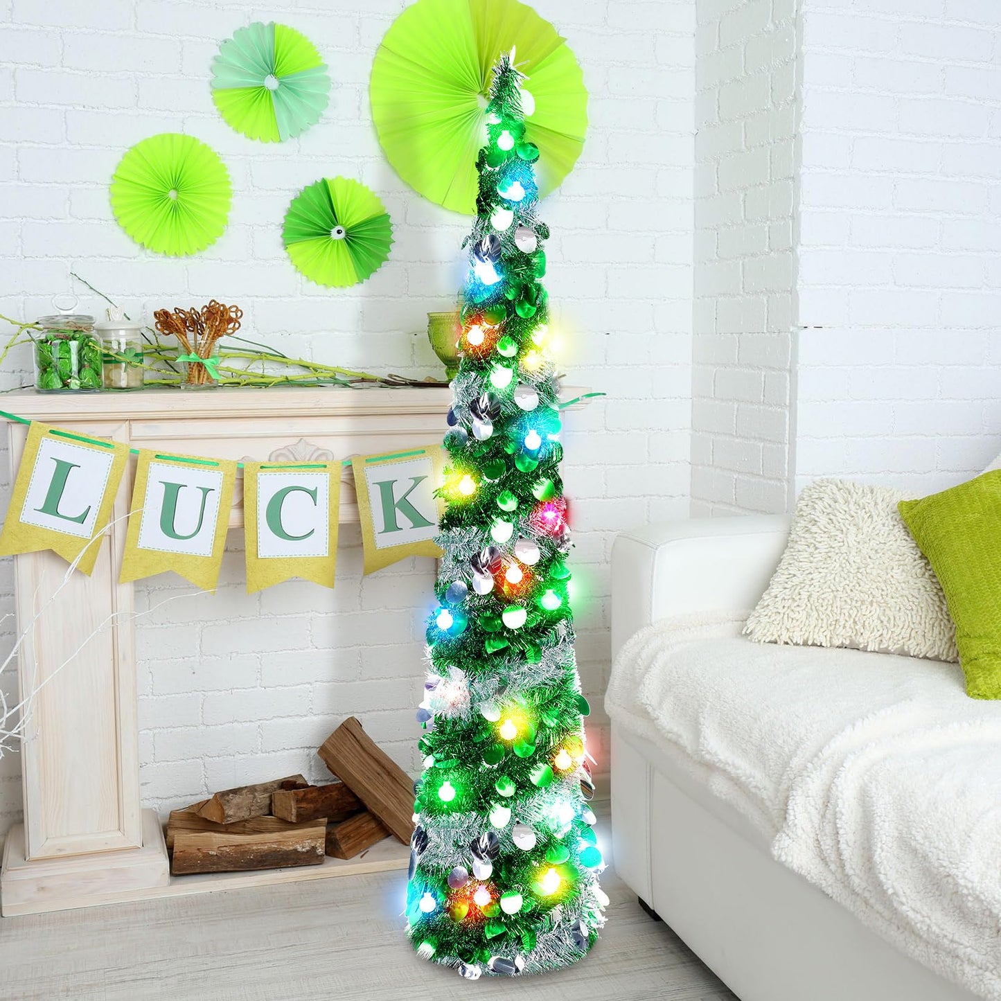 Sosation 2 Pcs 5 ft Pop up Christmas Tree Light Green Tinsel Skinny Pencil Tree with String LED Artificial Sequin Slim Collapsible Coastal Tree for Holiday Xmas Fireplace Indoor Outdoor Decorations