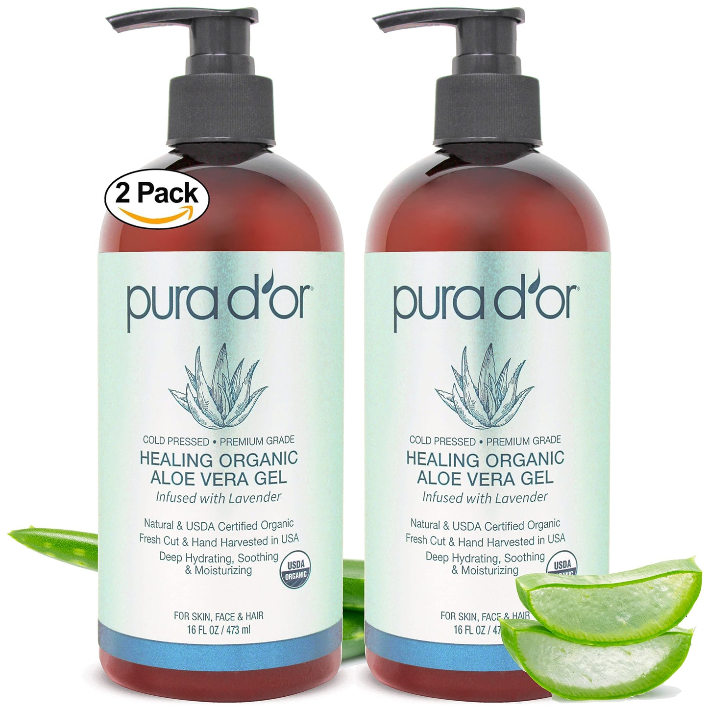 PURA D'OR Organic Aloe Vera Gel Lavender (16oz 2-PACK) All Natural - ZERO Artificial Preservatives - Deeply Hydrating & Moisturizing - Sunburn, Bug Bites, Rashes, Small Cuts, Eczema Relief - Skin Hair