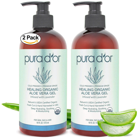 PURA D'OR Organic Aloe Vera Gel Lavender (16oz 2-PACK) All Natural - ZERO Artificial Preservatives - Deeply Hydrating & Moisturizing - Sunburn, Bug Bites, Rashes, Small Cuts, Eczema Relief - Skin Hair