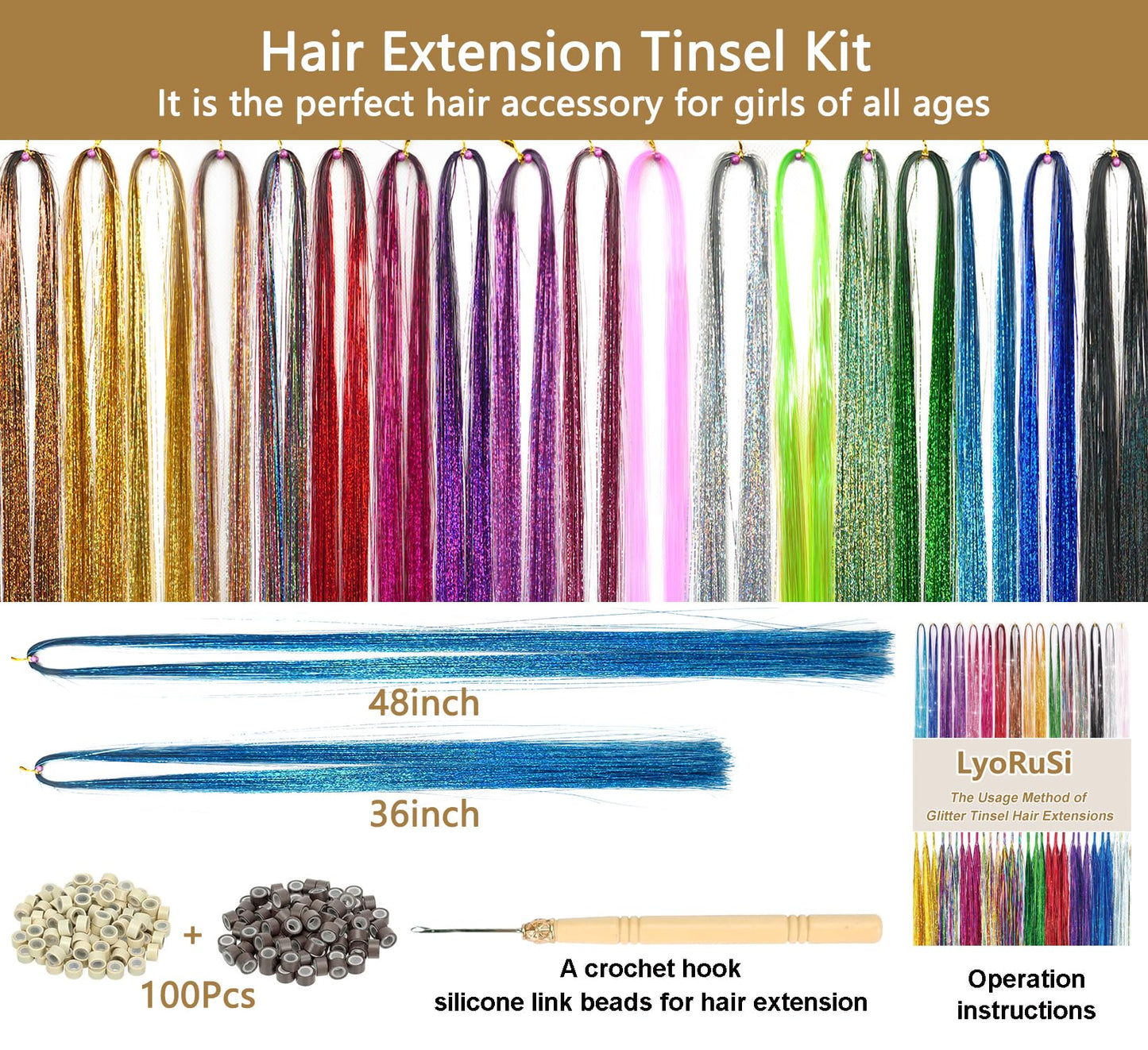 LyoRuSi 36 Inches Hair Tinsel Kit - Fairy Hair Tinsel with Tools 2200 Strands Hair Tinsel Heat Resistant Safe 5 Colors (Macaron Color) Glitter Tinsel Hair Extensions