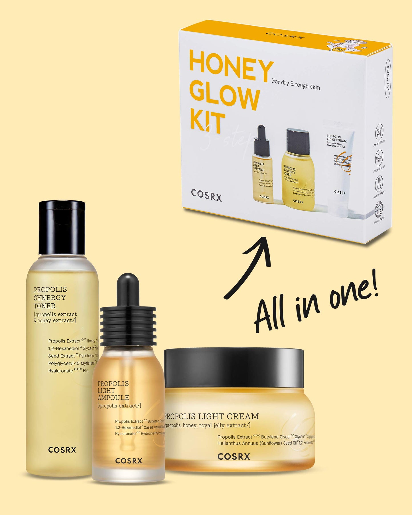 COSRX Honey Glow Kit | Facial Toner, Serum, Cream with Propolis Extract | Deep Moisture, Hydration, Nourishment | Travel Size Set, Gift Set, Korean Skincare, Not Tested on Animals, Paraben Free