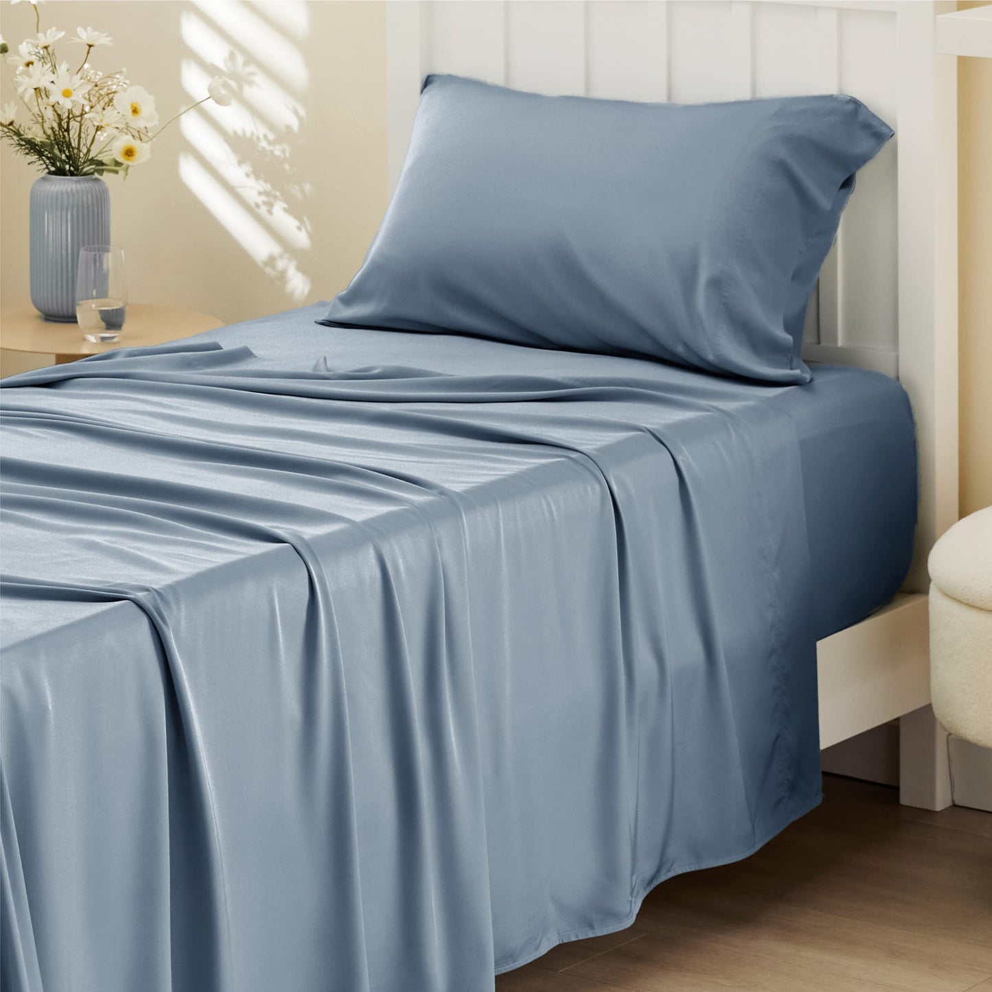 Bedsure Twin Sheets Set, Cooling Sheets Twin Size Bed Set, Rayon Derived from Bamboo, Twin Size Sheets, Breathable & Soft Bed Sheets, Hotel Luxury Silky Bedding Sheets & Pillowcases, Mineral Blue