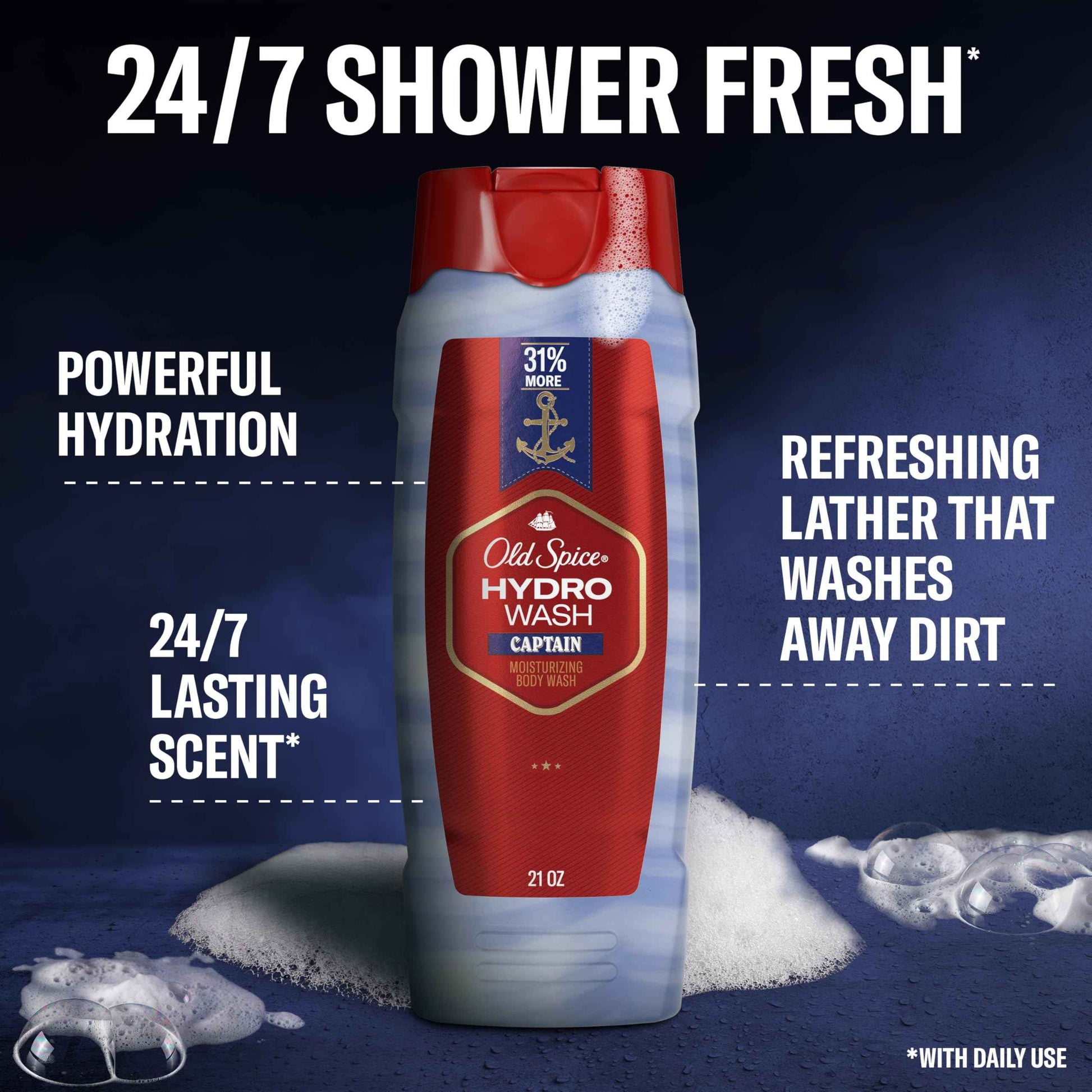 Old Spice Moisturizing Body Wash for Men, Hydro Wash, 2-in-1 Long Lasting Scent & Deep Hydration, 24/7 Shower Fresh, Captain Scent, 21 oz (Pack of 4)
