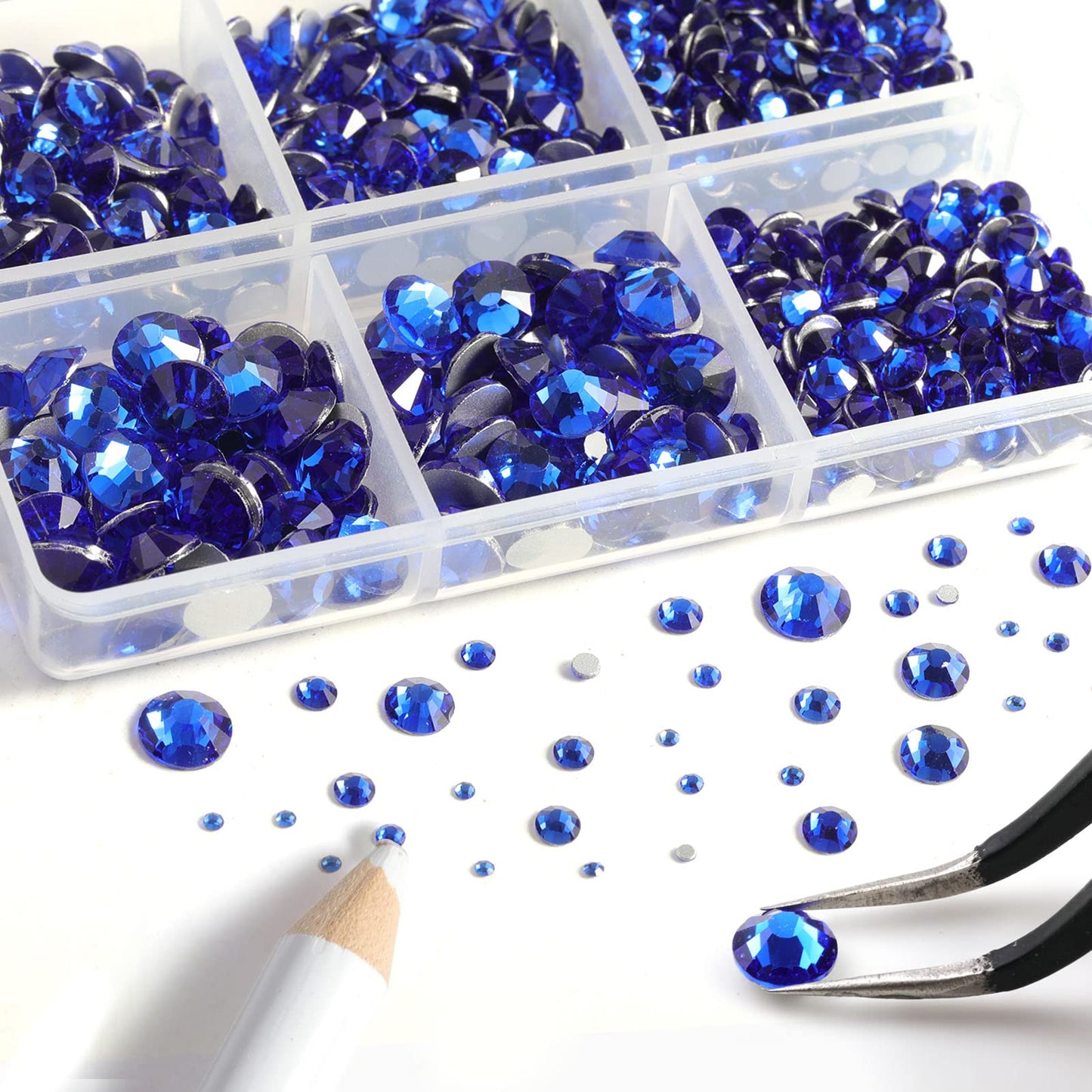 Beadsland 8300PCS Flatback Rhinestones, Royal Blue Rhinestone Round Crystal Rhinestones for Crafts, Mixed 10 Sizes with Wax Pencil and Tweezer Kit, SS3-SS30, Sapphire