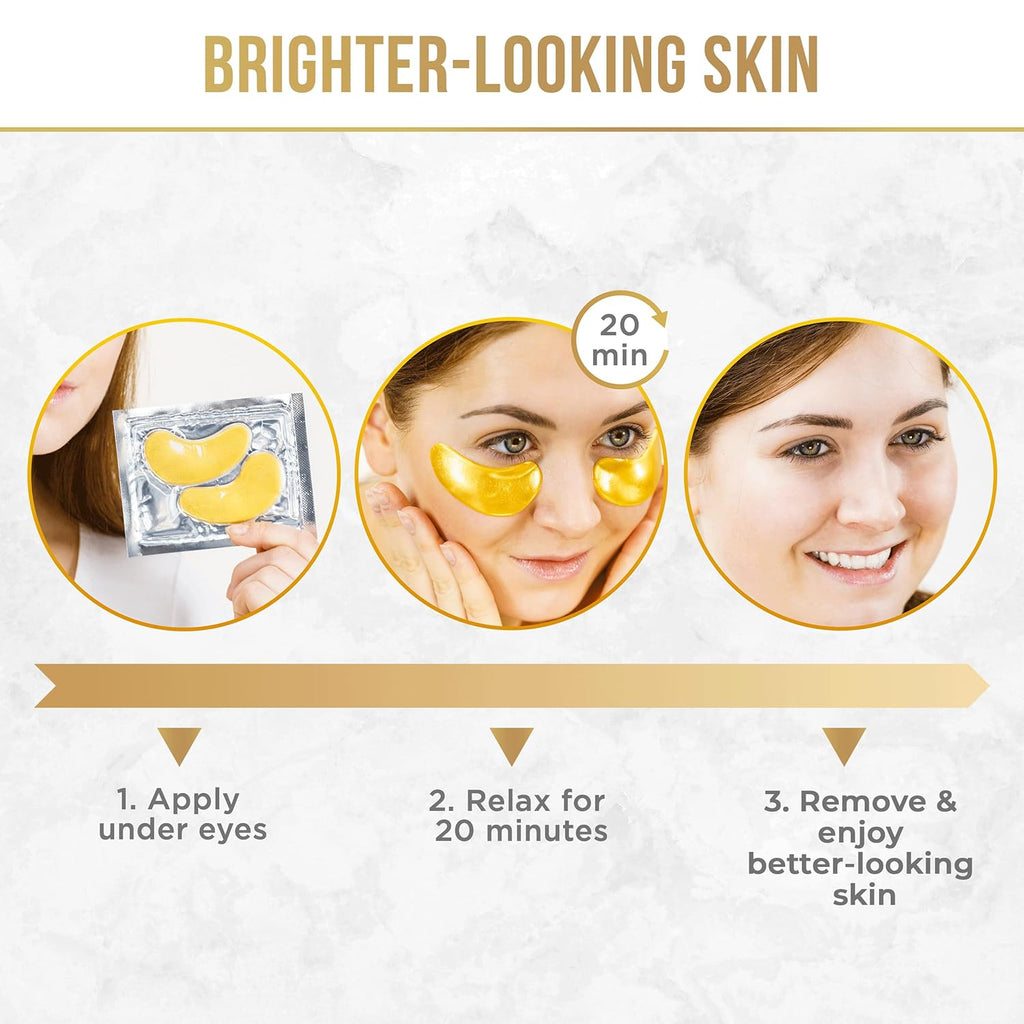 DERMORA Golden Glow Under Eye Patches | Rejuvenating Treatment | Dark Circles, Puffy Eyes, Refreshing, Revitalizing, Travel, Wrinkles | 20 Pairs Eye Gels