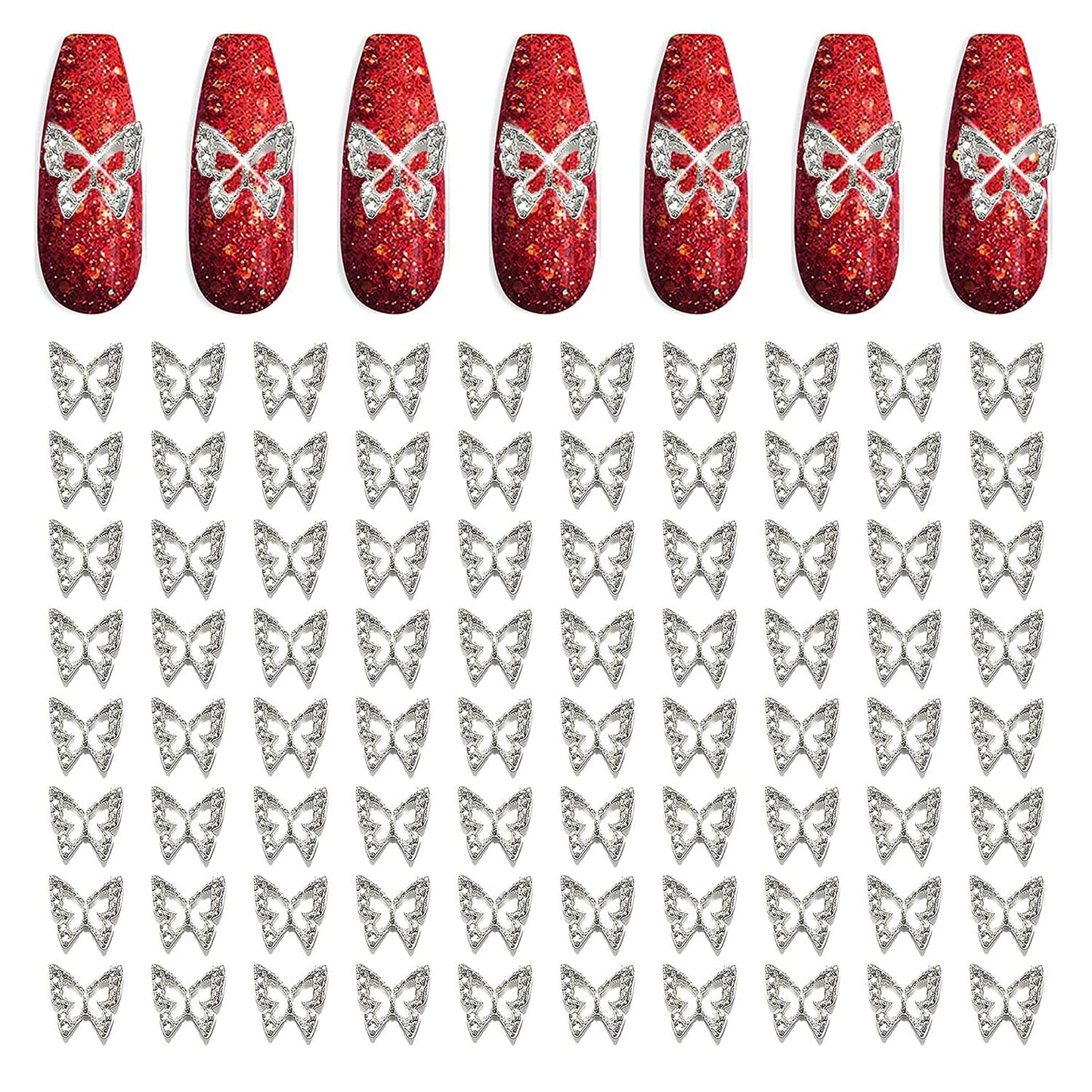 XEAOHESY 100pcs 3D Silver Butterfly Nail Charms Nail Butterfly Charms Nail 3D Charms Butterfly Charms for Nails Butterfly Nail Stickers Butterfly Nails Jewels for Acrylic Nails