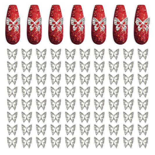 XEAOHESY 100pcs 3D Silver Butterfly Nail Charms Nail Butterfly Charms Nail 3D Charms Butterfly Charms for Nails Butterfly Nail Stickers Butterfly Nails Jewels for Acrylic Nails