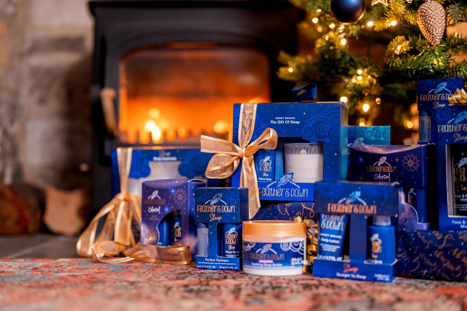 Feather & Down Sleeping Bag Gift Set: Luxury Eye Mask, Sleep Balm, Pillow Spray and Shower Cream, with Calming Lavender & Chamomile Essential Oils, Vegan & Cruelty Free