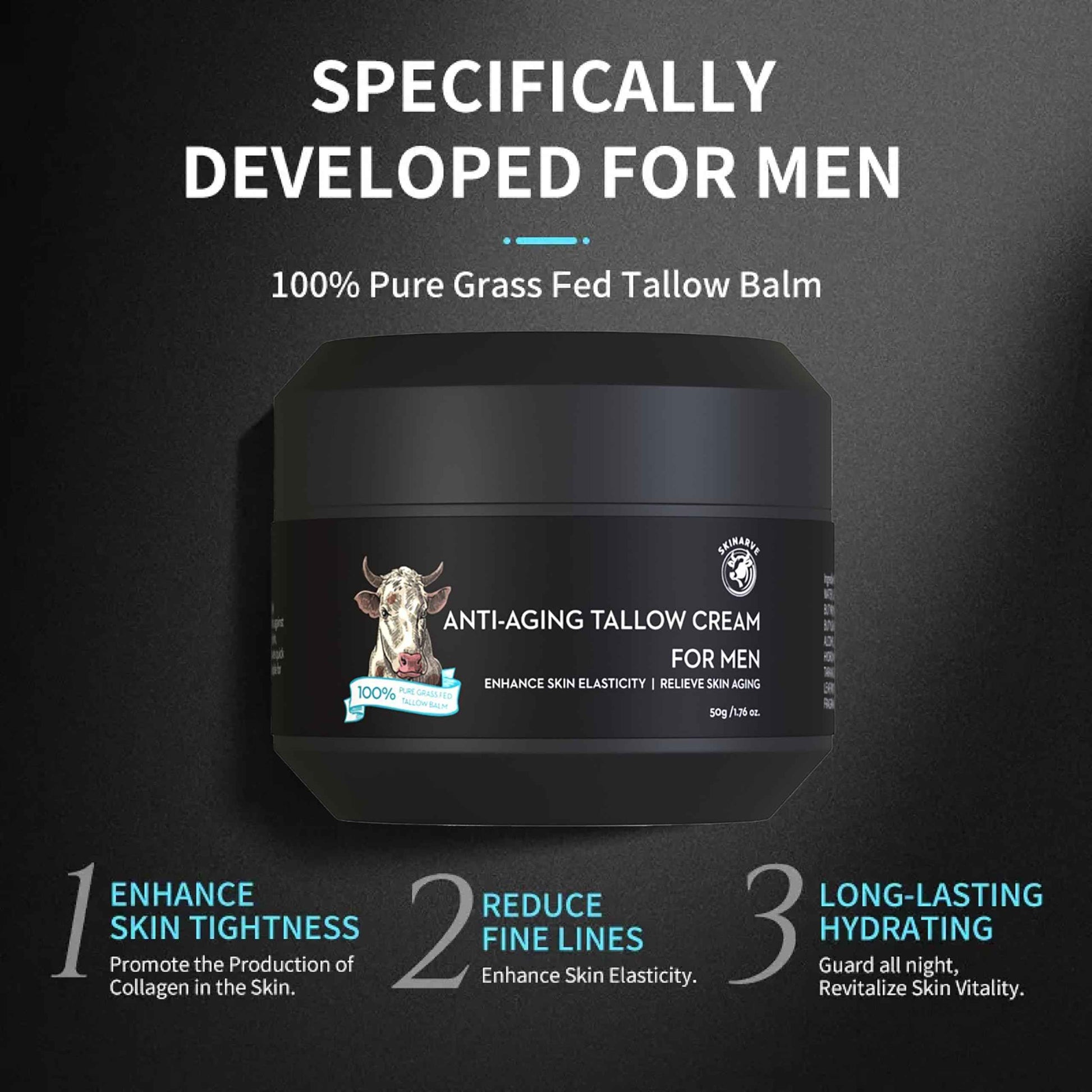 SKINARVE Wrinkle Defense Beef Tallow Balm for Men, Tallow Balm for Skin - Moisturizer for Face - Hydrating Anti Aging Skin Cream - Natural Facial Skincare Lotion with Essential Oils (1.7 OZ)