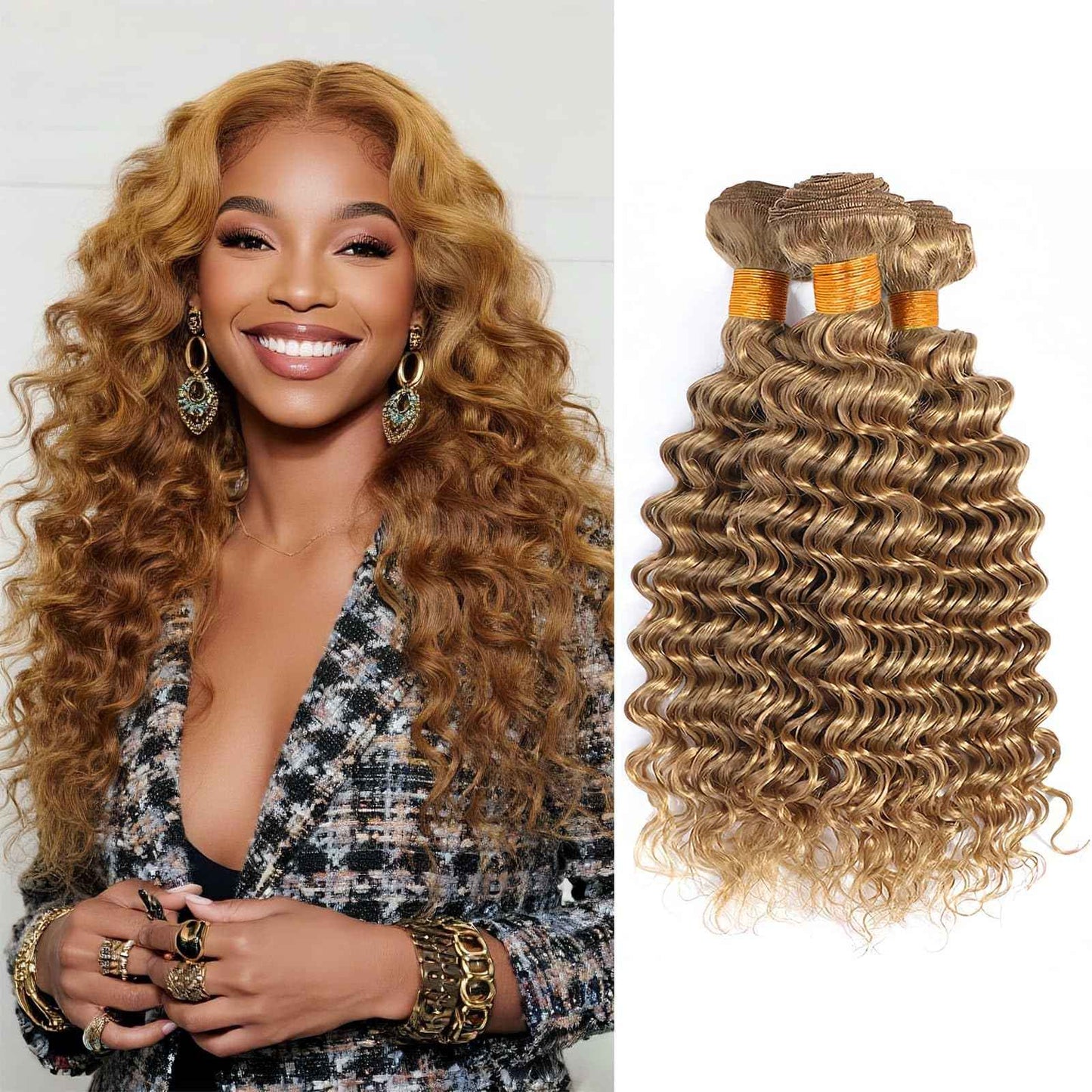 Honey Blonde Deep Wave Bundles Color #27 Brazilian Hair 10 12 14 Inch 3 Bundles Double Weft Defined Curly Deep Wave Extensions Soft and Bouncy for Black Women