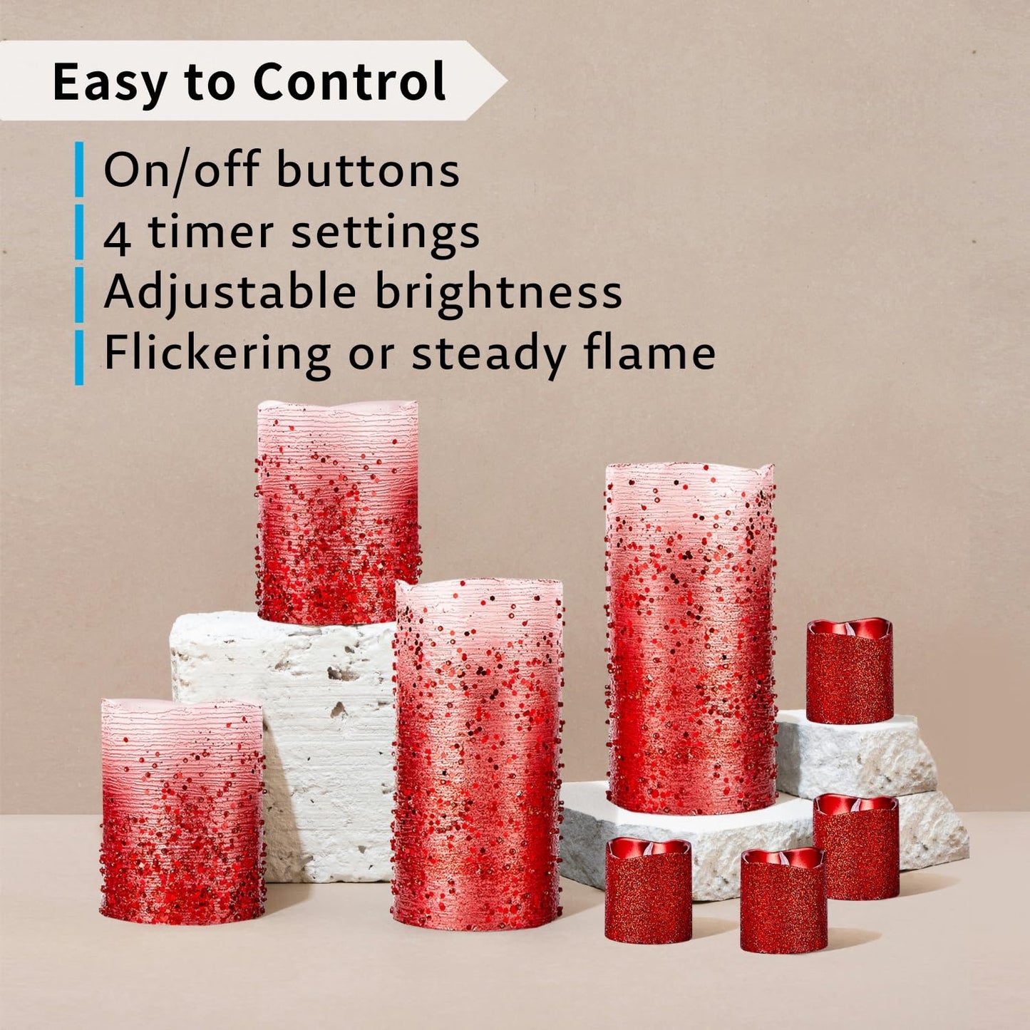 FURORA LIGHTING Red Glitter Real Wax LED Candles with Remote and 6/18 Timer, 4 Pillars and 4 Votives Pack of 8, Flameless Flickering Candles for Home Décor, Battery Included