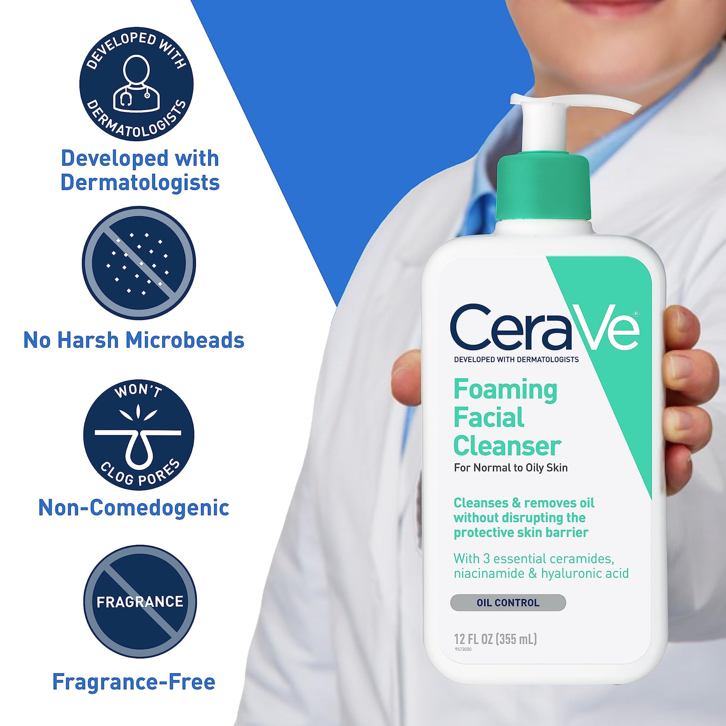 CeraVe Foaming Facial Cleanser | Daily Face Wash for Oily Skin | Hyaluronic Acid + Ceramides + Niacinamide| Fragrance Free & Paraben Free | Non-Drying Oil Control Face Wash | 19 Fluid Ounce