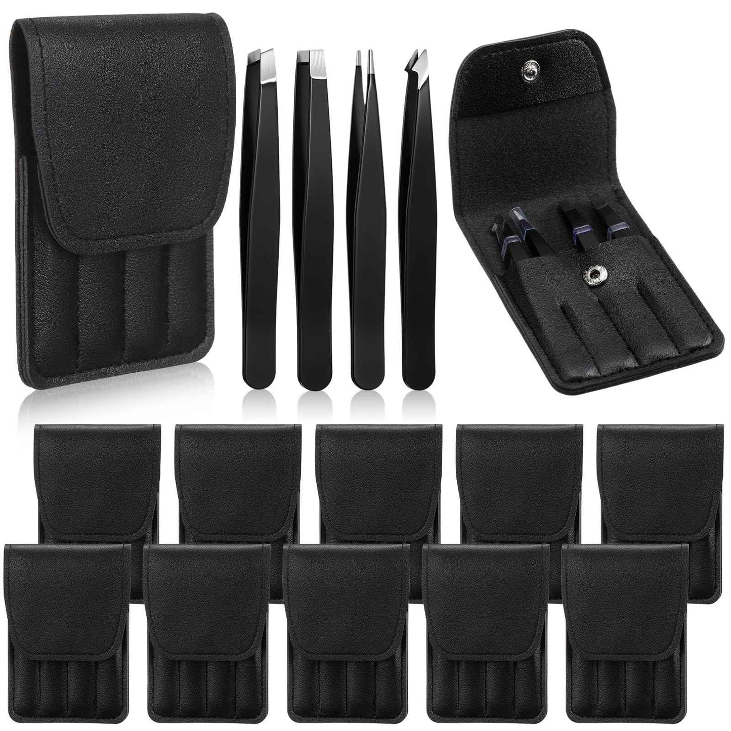 Lasnten 12 Sets Eyebrow Tweezers Set and Curved Scissors, 4 in 1 Professional Stainless Steel Tweezers for Women and Men, Splinter and Ingrown Hair Removal with Travel Case(Black)