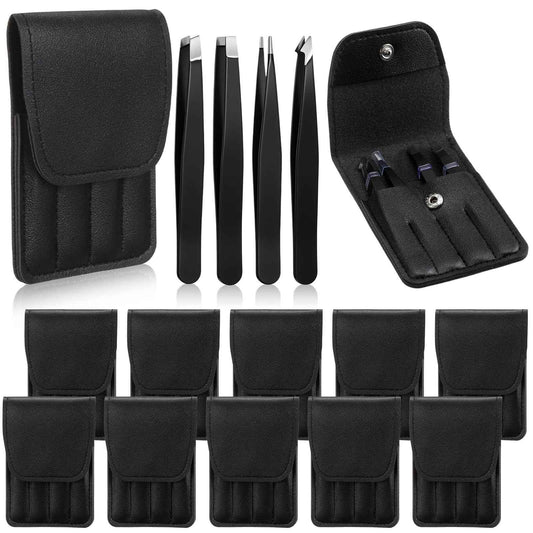 Lasnten 12 Sets Eyebrow Tweezers Set and Curved Scissors, 4 in 1 Professional Stainless Steel Tweezers for Women and Men, Splinter and Ingrown Hair Removal with Travel Case(Black)
