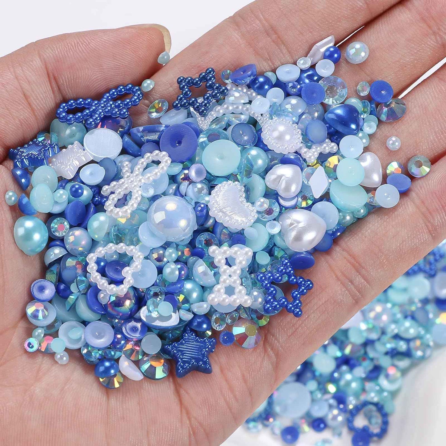 50g Blue Color Flatback Rhinestones Pearls for Bedazzling, 3-8mm Flatback Rhinestone Gems, 2-10mm Pearls Beads, Moon Star Heart Bowknots Pearl Nail Charms for Crafts DIY Clothes Tumblers