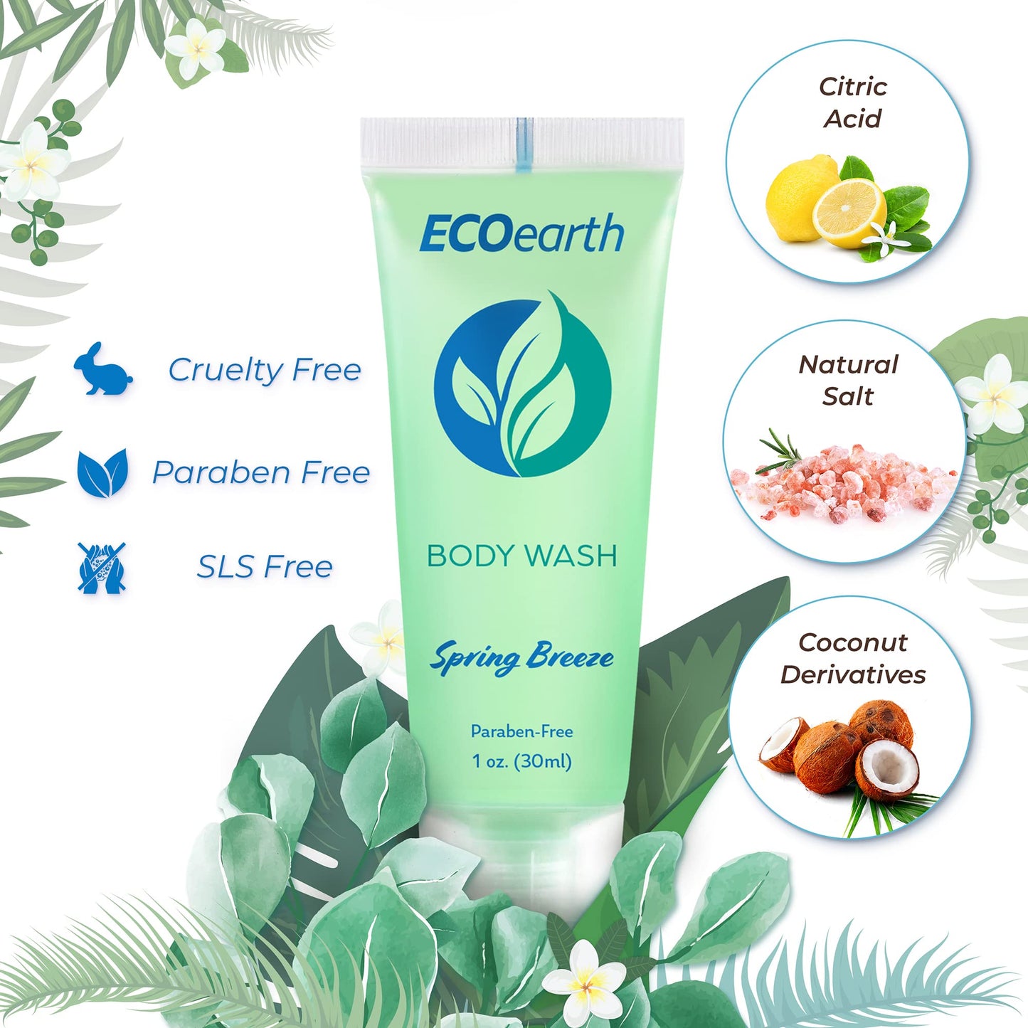 EcoEarth Travel Size Body Wash (1 fl oz, 100 PK, Spring Breeze), Delight Your Guests with a Revitalizing and Refreshing Hotel Body Wash, Quality Mini and Small Size Guest Hotel Toiletries in Bulk