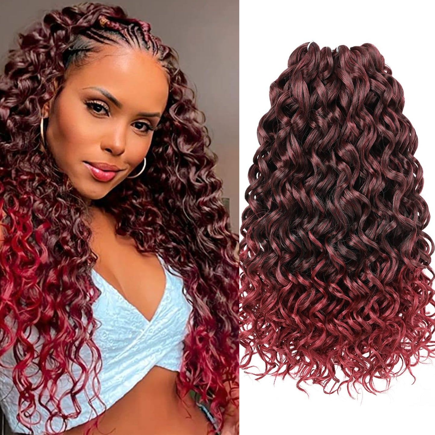 Unionbeauty 8 Packs GoGo Curl Crochet Hair 14 Inch Water Wave Crochet Braids for Black Woman Beach Curl Crochet Braids for Boho Box Braids Synthetic Ombre Burgundy Curly Braiding Hair Extension TBUG#