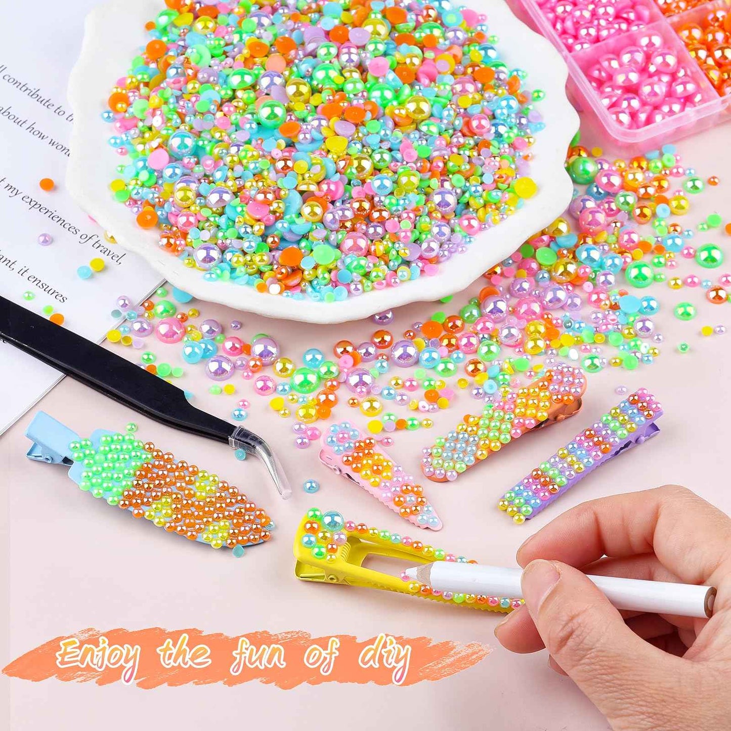 Kikonoke 8500PCS Rainbow Flatback Pearls Set, 3/4/6/8mm Pink Purple Blue Half Round Pearls Bedazzling Bead with Tweezer and Pickup Pen for Nail Art Wedding Tumbler DIY Crafts