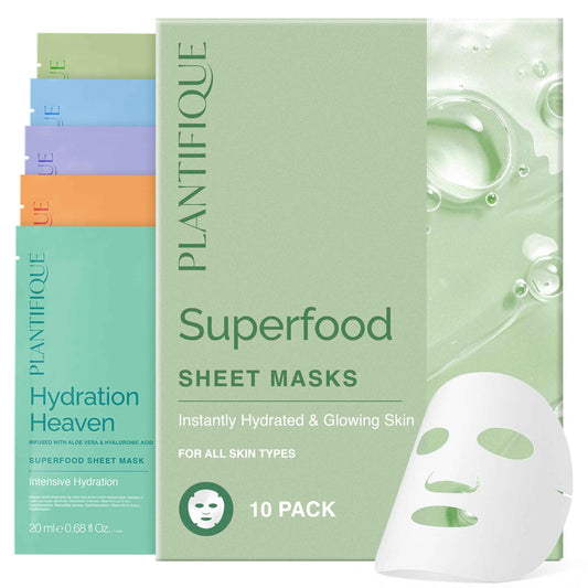 PLANTIFIQUE Superfood Facial Sheet Mask Variety Box 10 Pack – 2x Coconut, Aloe, Vitamin C, Centella & Collagen Face Masks – Hydrating & Glow-Enhancing – For All Skin Types