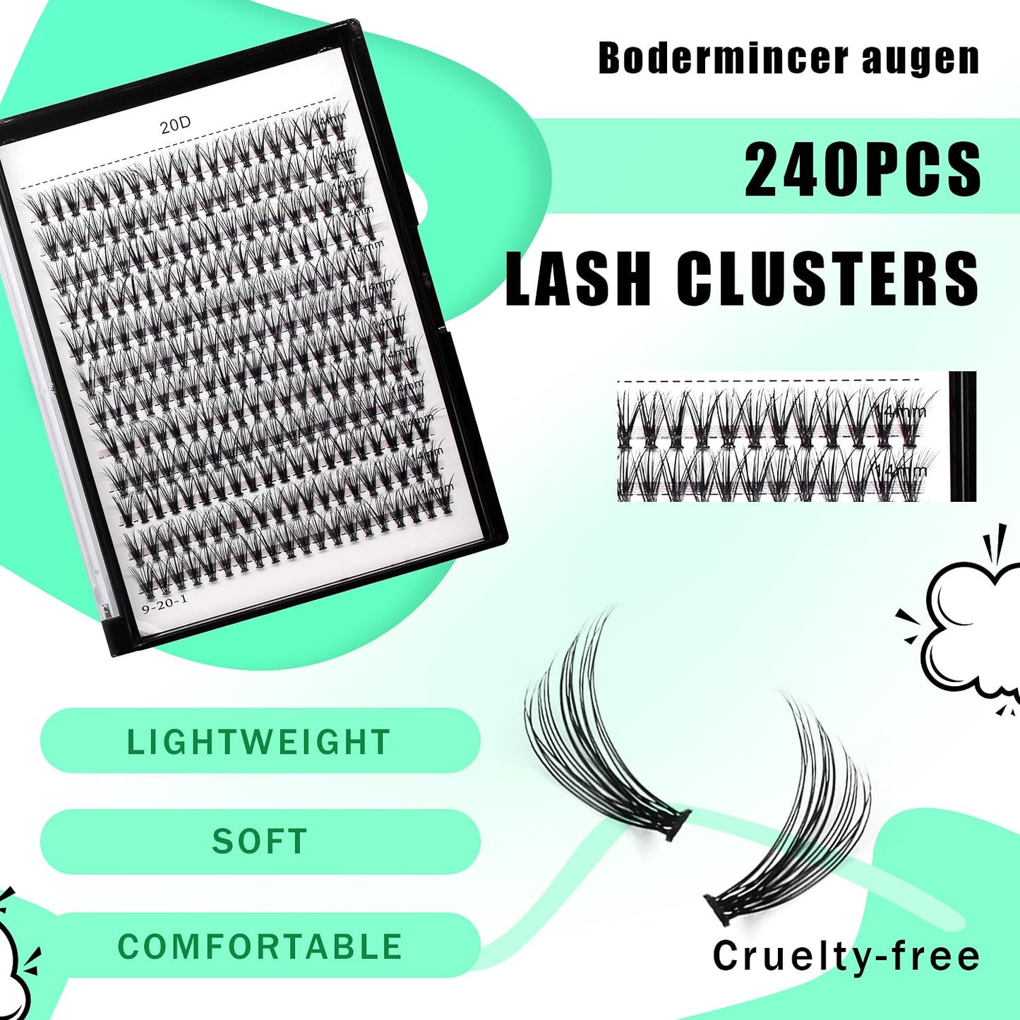 Bodermincer 10D/20D/30D/40D/50D Cluster to Choose Large Tray 240pcs D Curl Individual Cluster Eyelashes False Eyelashes Extension Individual Eyelash Bunche Lash Cluster DIY at Home (20D-18mm)