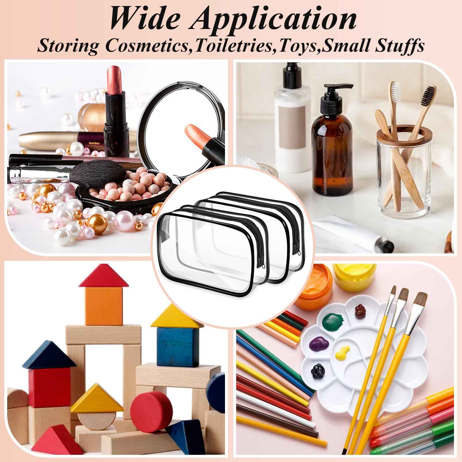 JEFHOMKIT 16 PCS Clear Makeup Bags,Clear Toiletry Bags TSA Approved,Waterproof Clear Cosmetic Bags,PVC Travel Bag with Zipper,Portable Transparent Cosmetic Pouches for Women Men Vacation(Black,Medium)