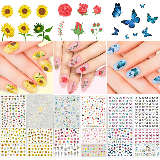 Whaline 18 Sheets Floral Butterfly Nail Art Stickers Daisy Flower Blossom Sunflower Bee Assorted Colorful Decorative Self-Adhesive Nail Decals for Spring Summer DIY Manicure Party Decor