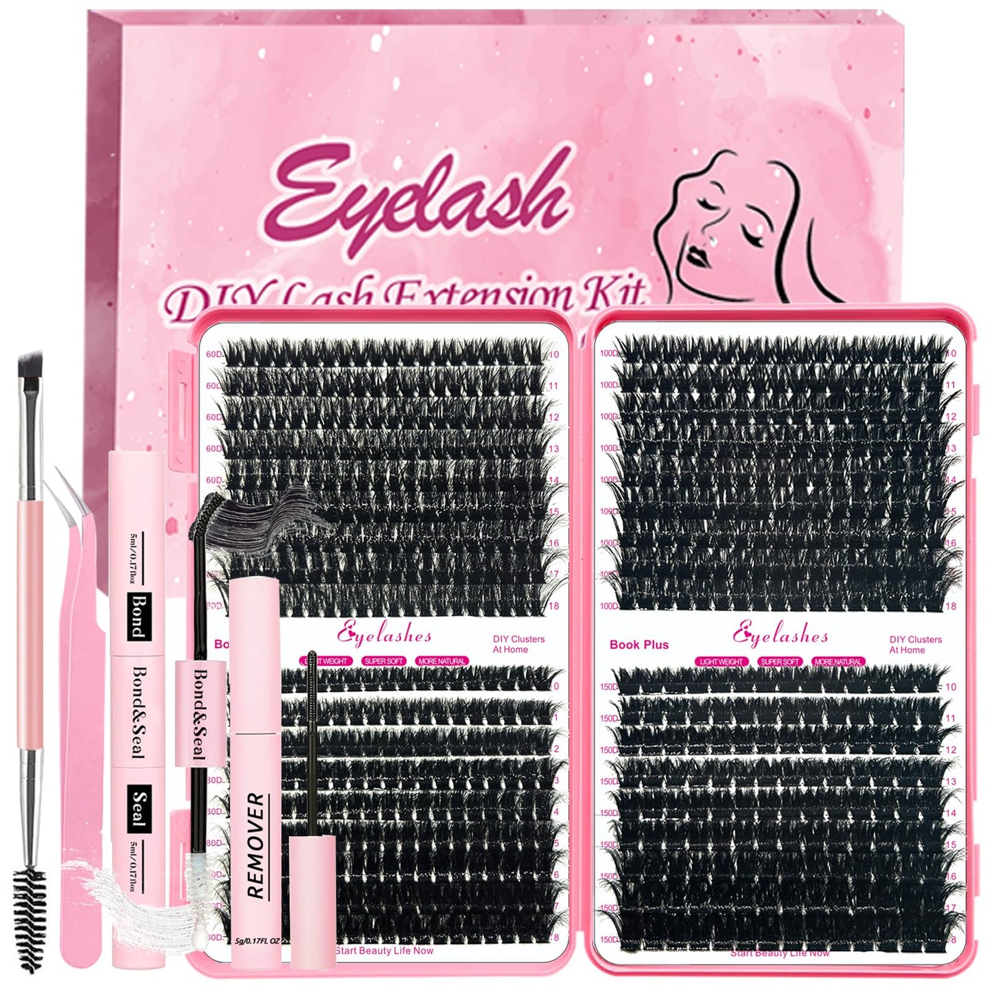 QiveaoryDIY Fluffy Lash Extension Kit 630pcs Lashes Clusters Thick D Curl Eyelash Extension Kit with Lash Bond and Seal,Eyelash Remover Tweezers Brush(10-18mm,60D+80D+100D+150D) DIY at Home