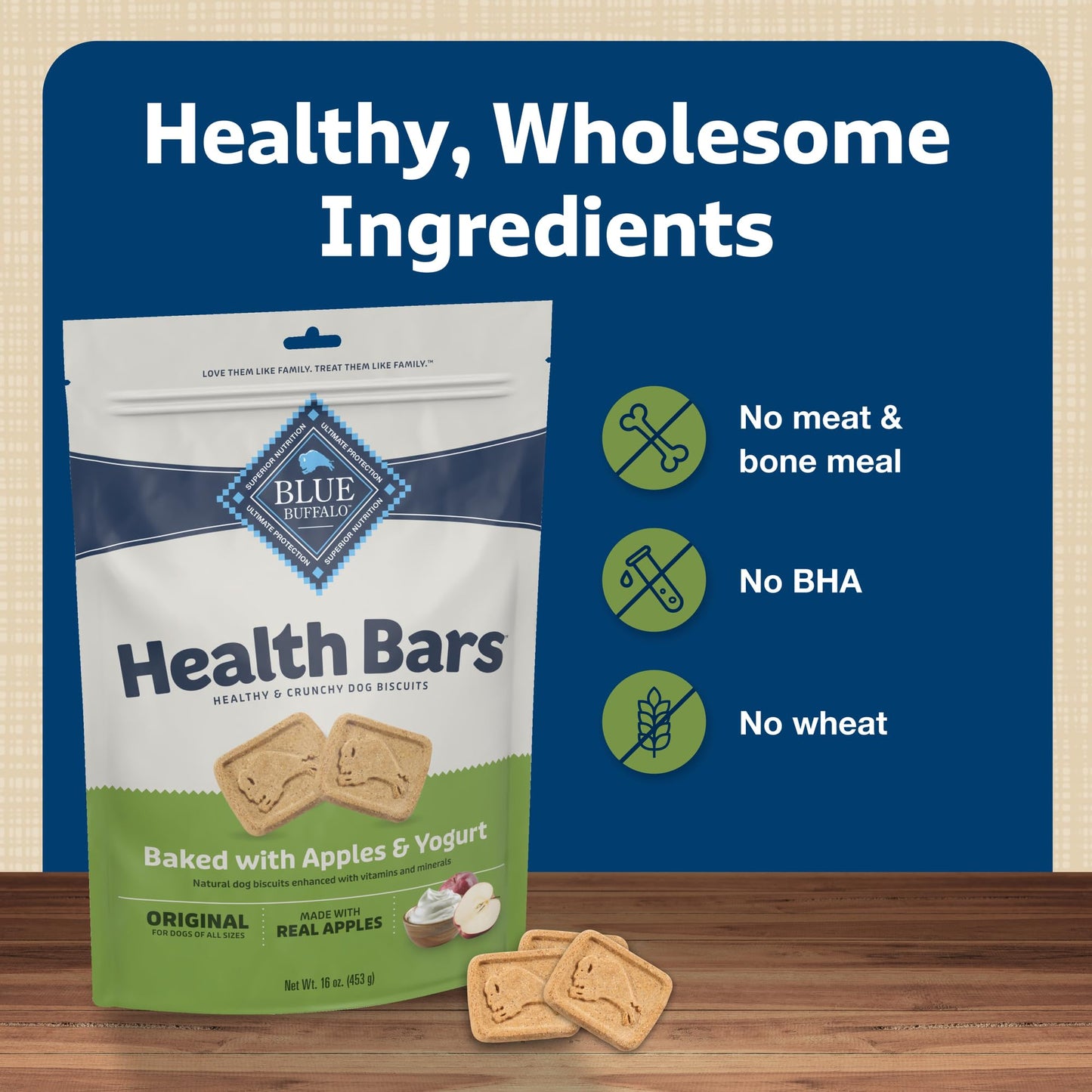 Blue Buffalo Health Bars Natural Crunchy Dog Treats Biscuits, Apple & Yogurt 16-oz Bag