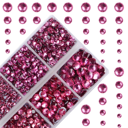 4000Pcs Mixed Size Hot Fix Round Crystals Gems Glass Stones Hotfix Flat Back Rhinestones (Fuchsia)