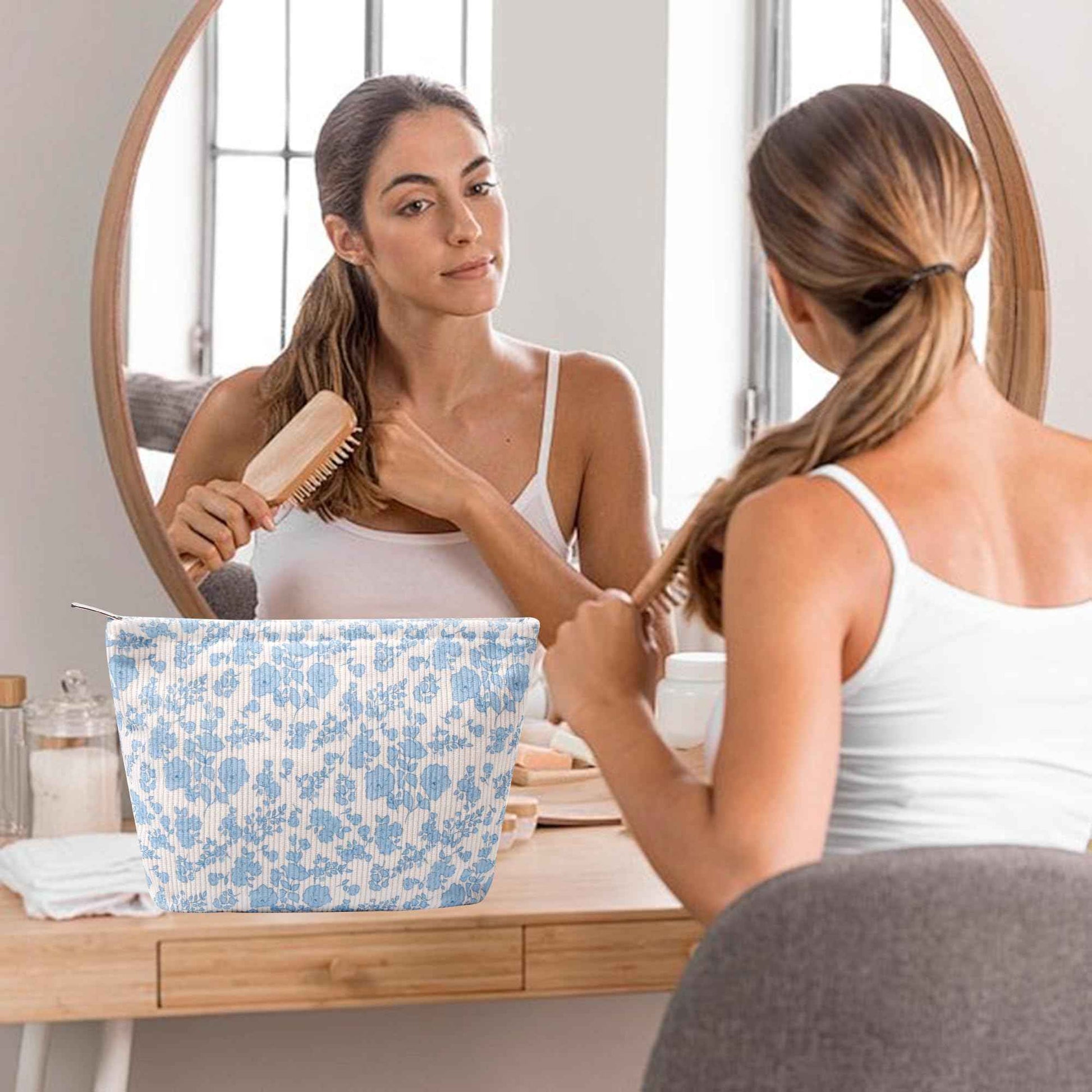 OZAOZ Makeup bag for Women, Flower Cosmetic Bags Zipper Pouch, Large Capacity Corduroy Makeup Bag, Travel Toiletry Bag Organizer for Women and Girls (Flower-F)