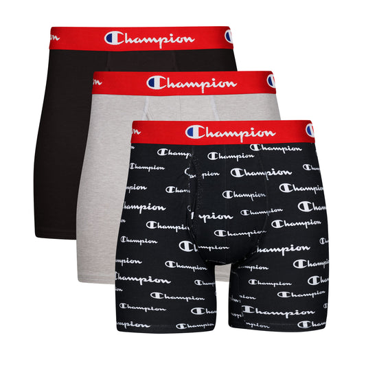 Champion mens Cotton Stretch Boxer Briefs, Black/Oxford Grey Heather/Black Script Logo, Small US