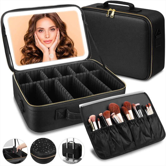 saiggnyy 15“×11“Professional Makeup Train Case,Large Waterproof Travel Makeup bag with Mirror and Light, Leather Black Make up Bag with Mirror and Light,Led Makeup Case with Adjustable Dividers