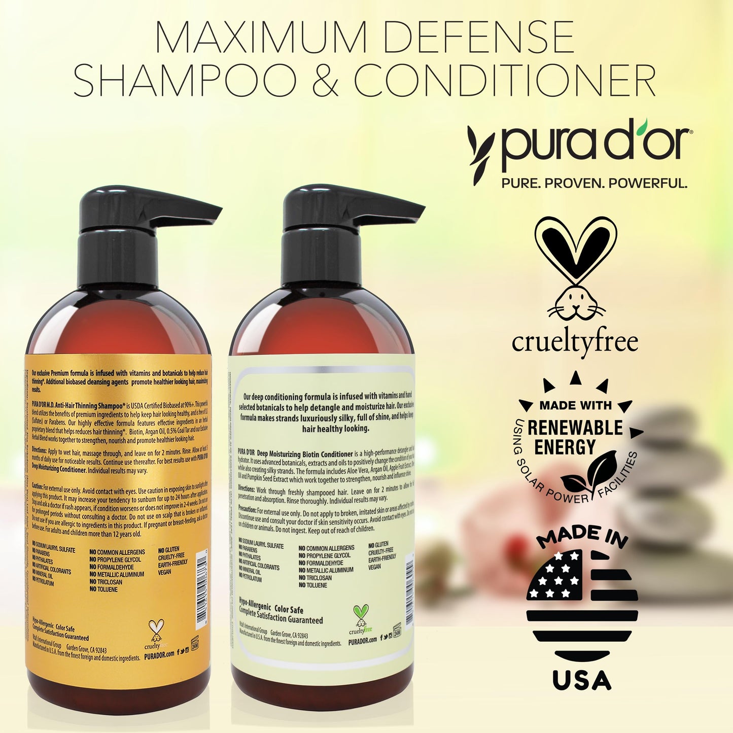 PURA D'OR Anti-Thinning Biotin Shampoo & Conditioner Set, Maximum Defense Coal-Tar Strong Scented DHT Blocker Hair Thickening Products For Women & Men, Daily Routine Shampoo For Scalp Health, 16oz x 2