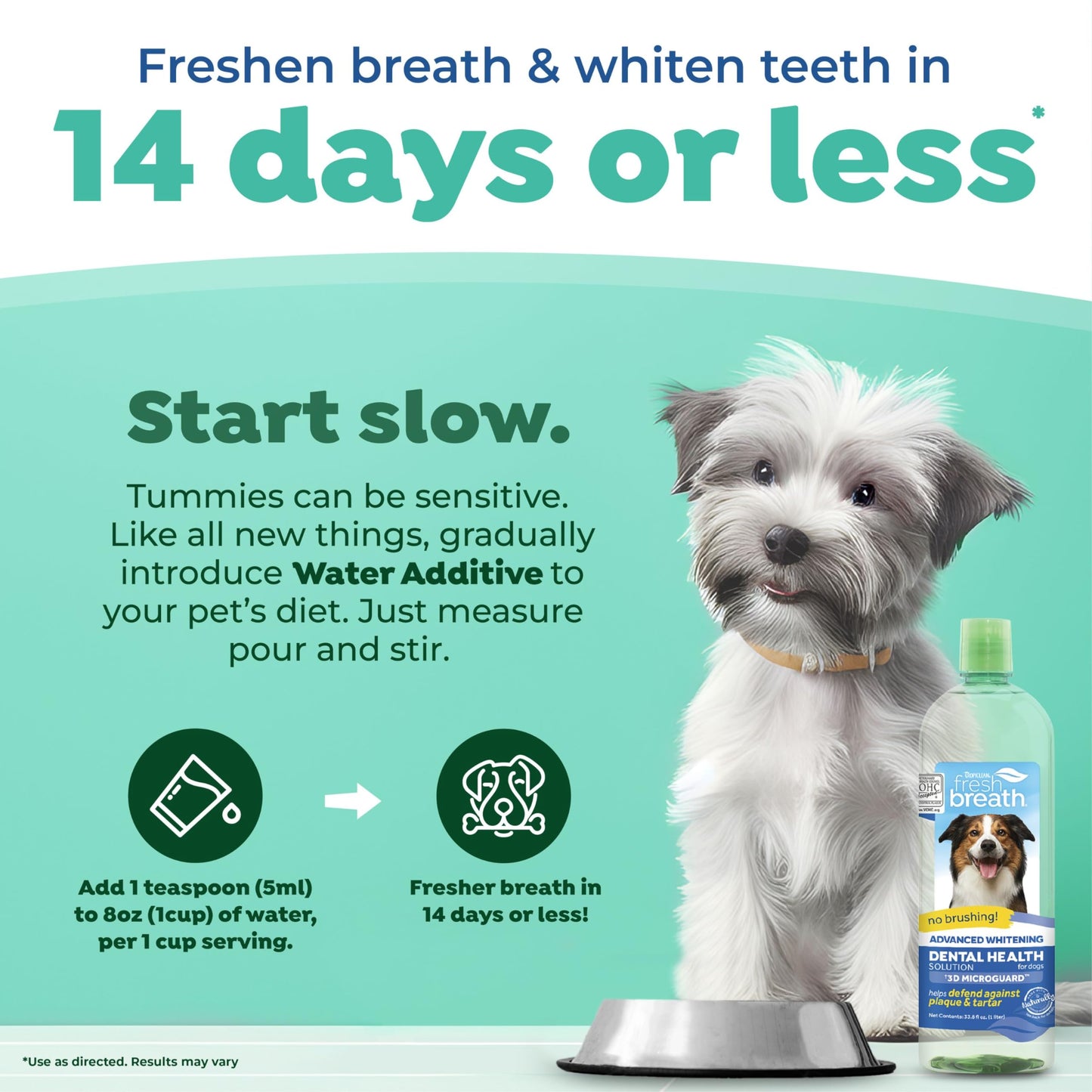 TropiClean Fresh Breath Advanced Whitening with 3D MICROGUARD | Dog Breath Water Additive | Dental Care | Dog Breath Freshener | Simple Pet Teeth Cleaning | Made in USA | 33.8 oz