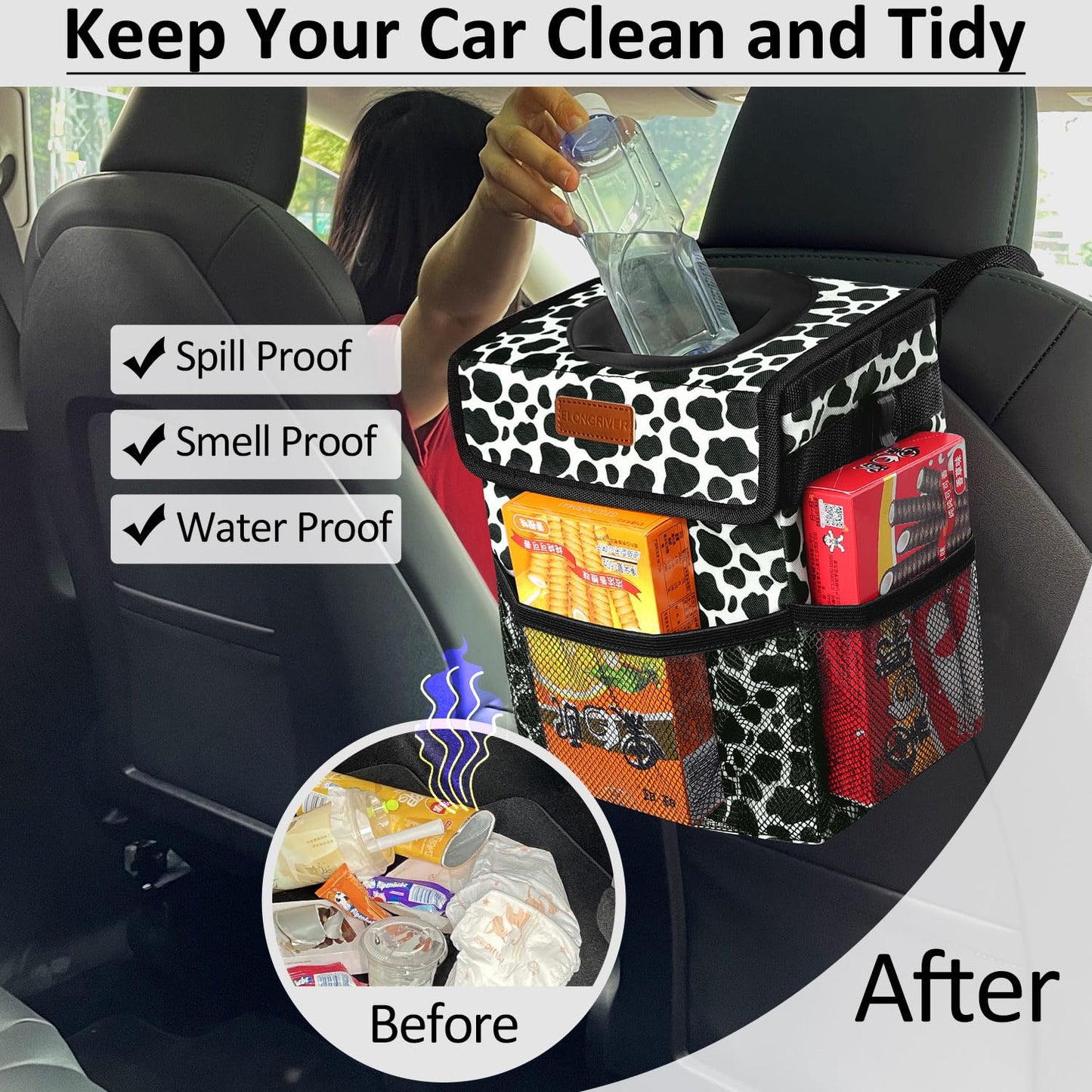 ELONGRIVER Car Trash Can Bin for Car Back Seat Leak Proof, Cute Car Trash Bag Hanging, Vehicle Trash Can for SUV Truck Van, Automotive Car Garbage Cans Front Seat Cow Print