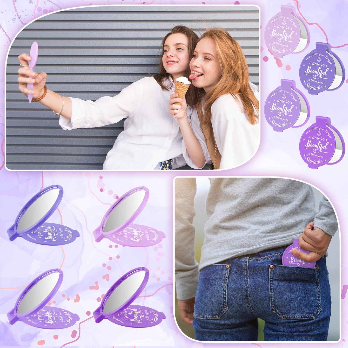 Gulfmew 100 Pcs 2.76 Inch Inspirational Compact Mirror Bulk Party Favors Quinceanera Gift Purse Small Mirror Pocket Mini Gifts for Women Adult Coworker Halloween Christmas Friends (Purple Series)