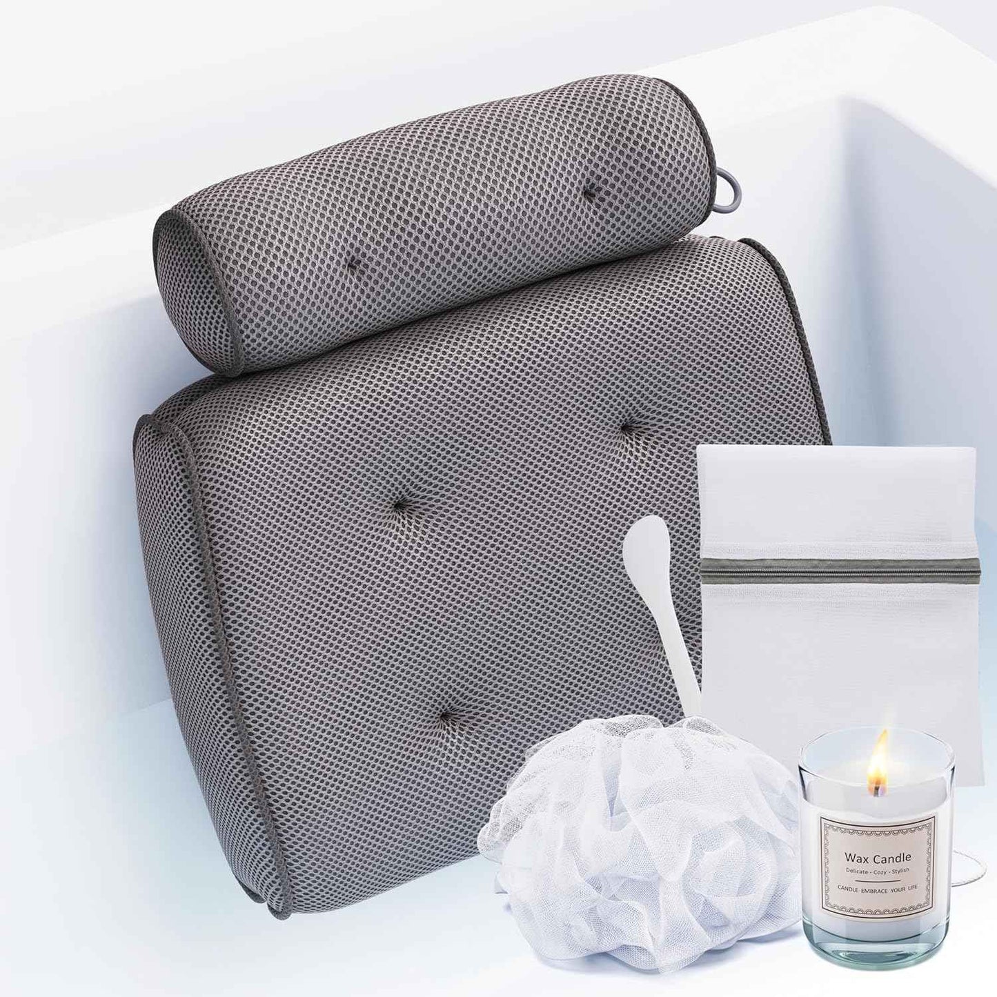 SunSerenity Luxury Bath Pillow for Tub - Relaxing Bath Tub Accessory – Bath Tub Pillow for Head and Back, Unscented Candle, Sponge Loofah, Laundry Bag, & Suction Tool – Grey on Grey
