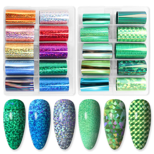 DANNEASY 20 Roll Iridescent Nail Foil Transfer Holographic Nail Foils Sheets Glass Nail Stickers Starry Sky Metallic Nail Art Foil Cellophane Glitter Nails Design 3D Nail Decoration