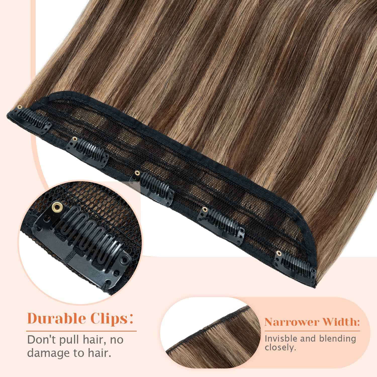 TESSHAIR 5 Clip One Piece Hair Extensions - 10 Inch Real Human Hair, 3/4 Full Head, 65g - Medium Brown Mixed Dark Blonde #4P27