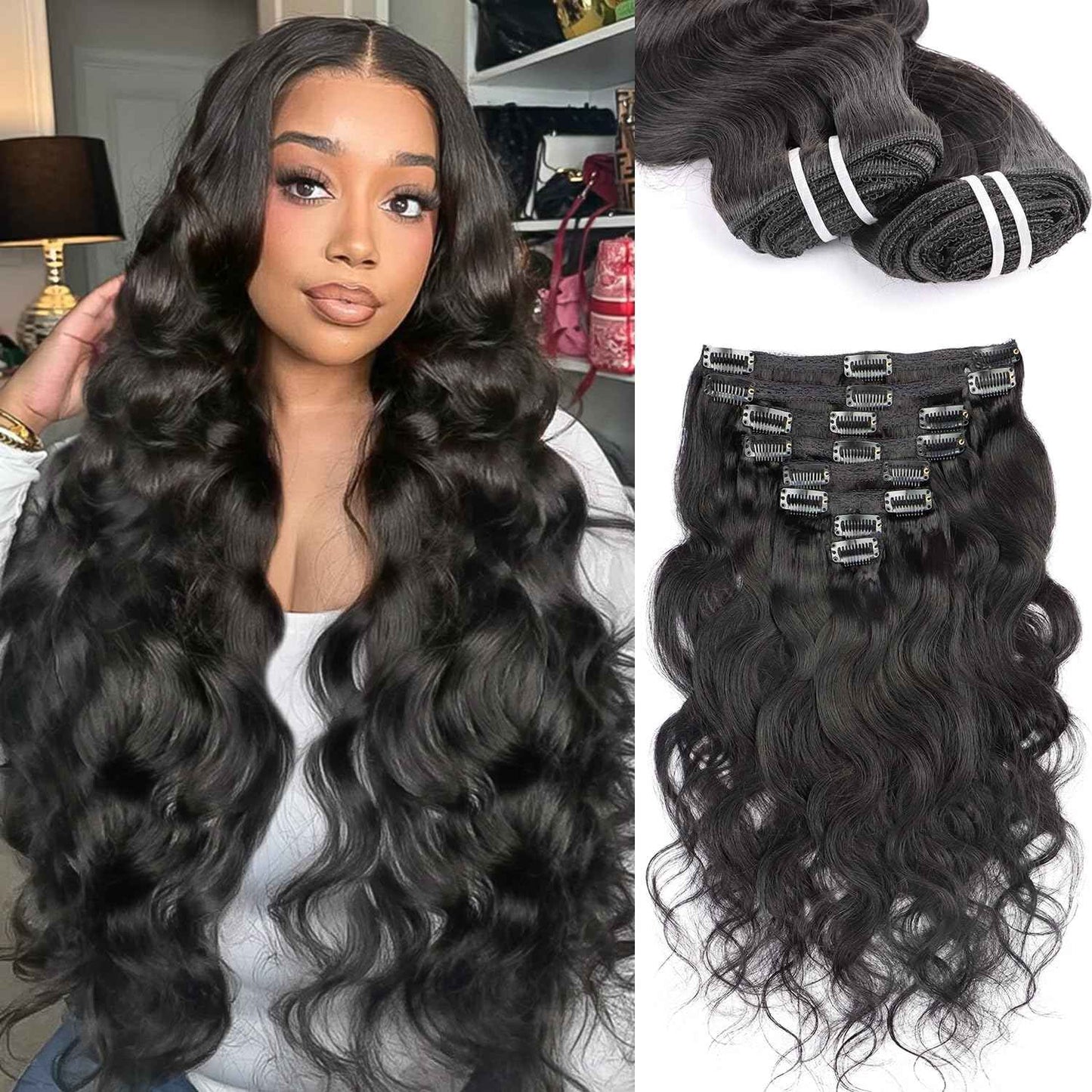 Clip in Hair Extensions Real Human Hair Extensions Clip Ins 95 Gram Body Wave 18 Inch 8Pcs Natural Black 100% Human Hair Extensions 18 Clips