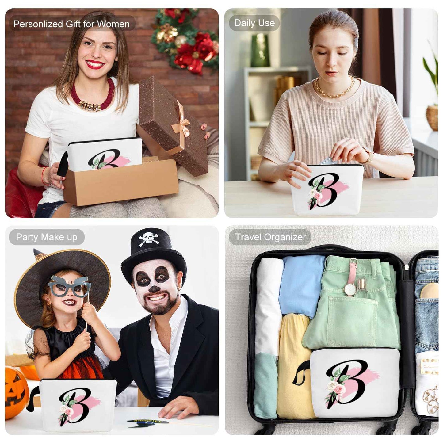 Prettyui Initial Monogram Personalized Makeup Bag, Bride Bridesmaid Cosmetic Bag, Portable Cosmetic Bag Toiletry Bag Travel Bag Birthday Gifts for Women Girl, Personalized Cosmetic Bag for Women (B)