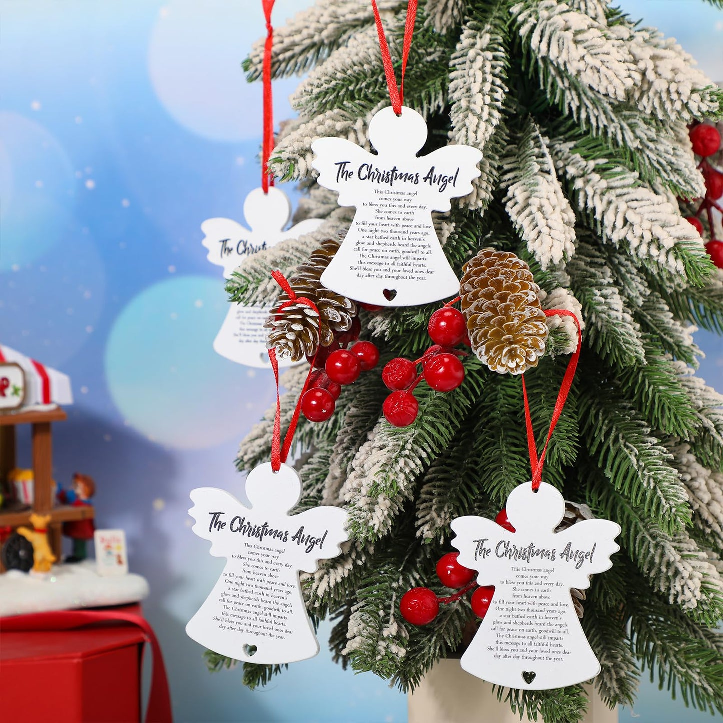 Barydat Wooden Angel Ornaments Christmas Angel Hanging Decoration Christmas Tree Ornaments Double Sided White Angel Pray Sign for Xmas Tree Fireplace Friend Family (24 Pcs)